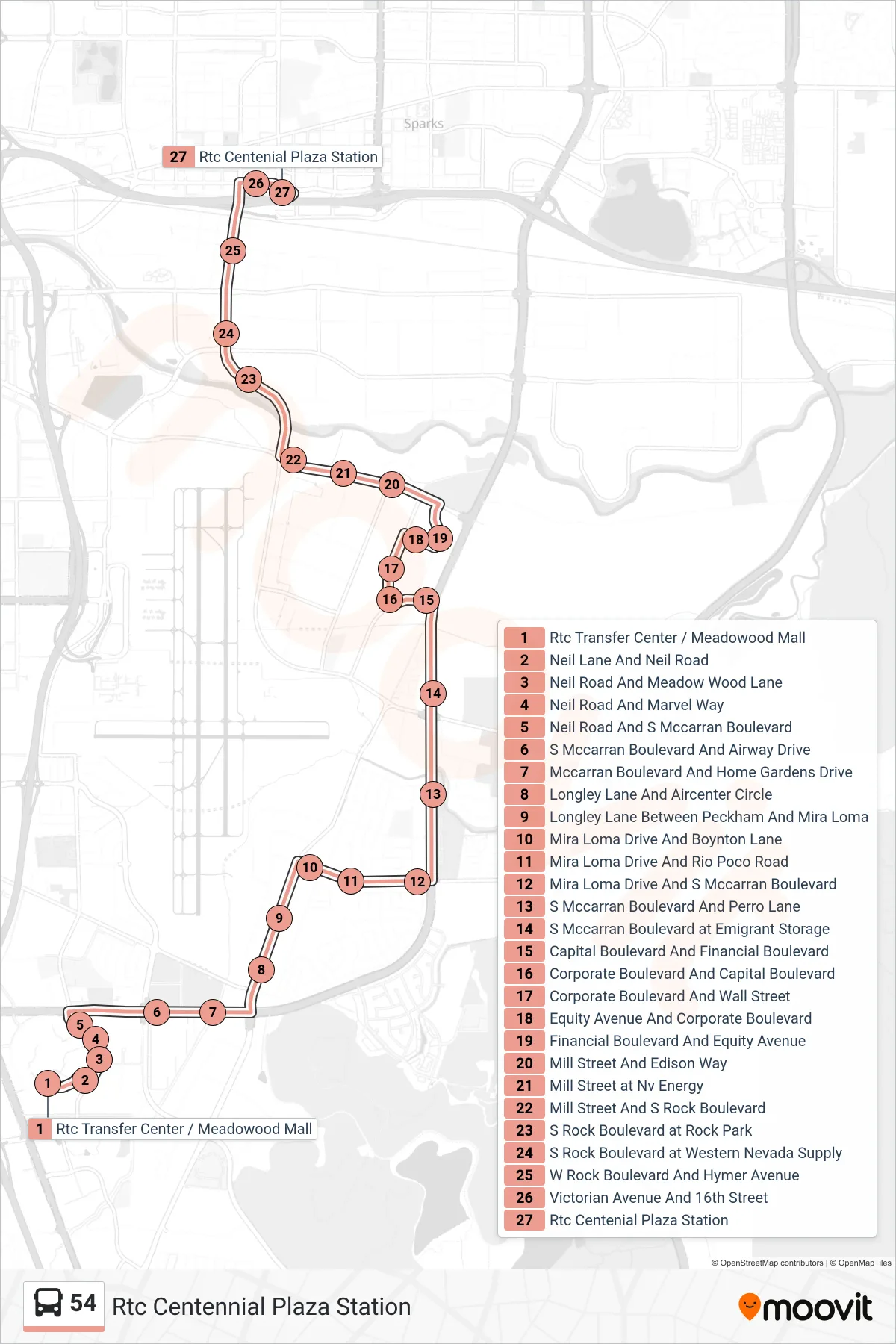 54 bus Line (Rtc Centennial Plaza Station) route and stops on a map