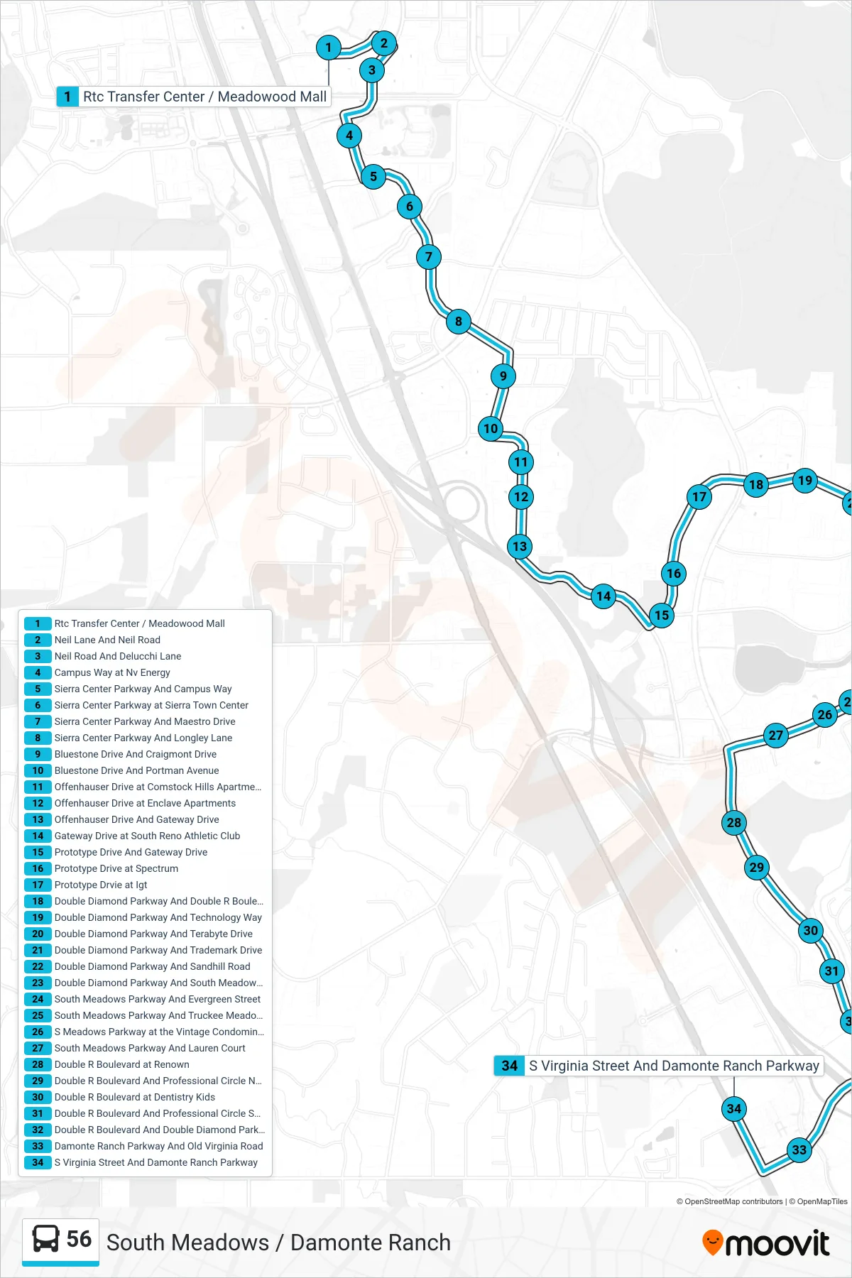 56 bus Line (S Virginia Street at Walmart) route and stops on a map