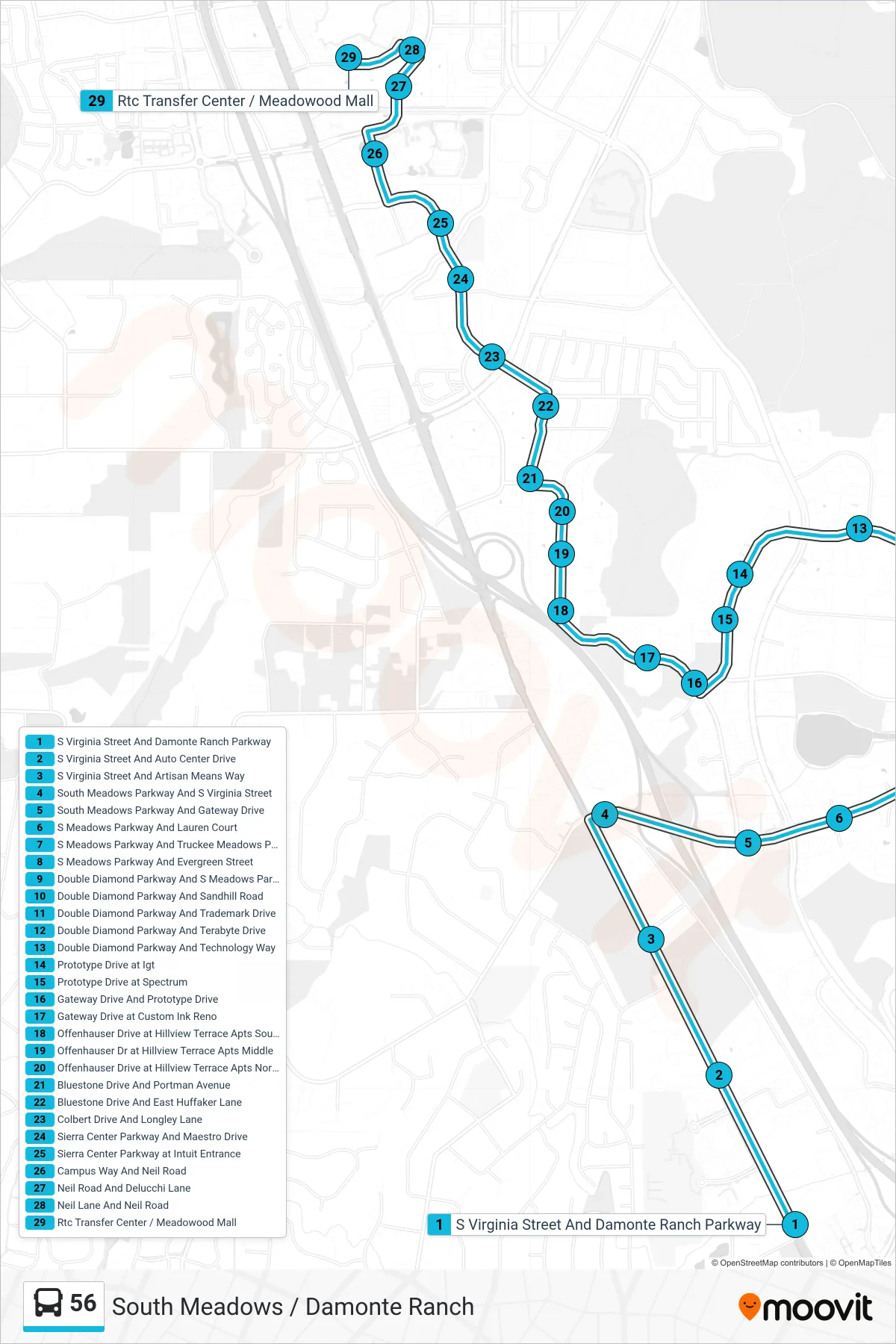 56 bus Line (Meadowood Mall) route and stops on a map