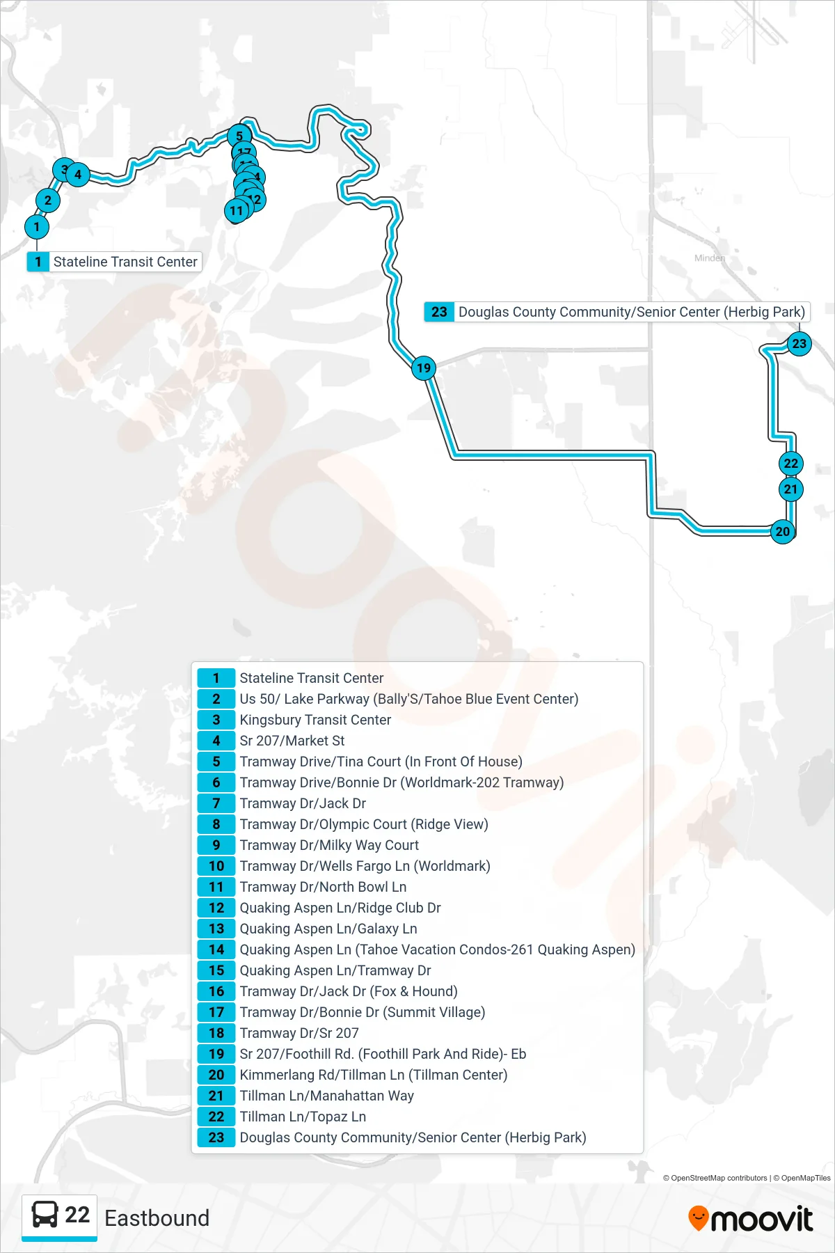 22 bus Line (Eastbound) route and stops on a map