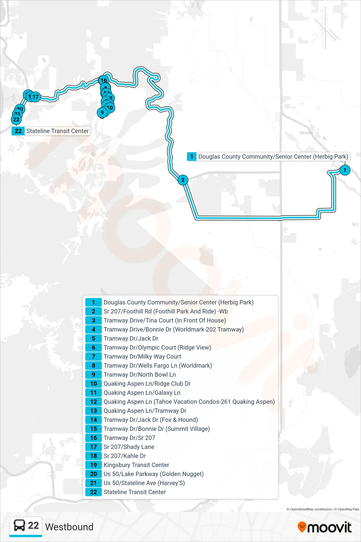 22 bus Line (Westbound) route and stops on a map