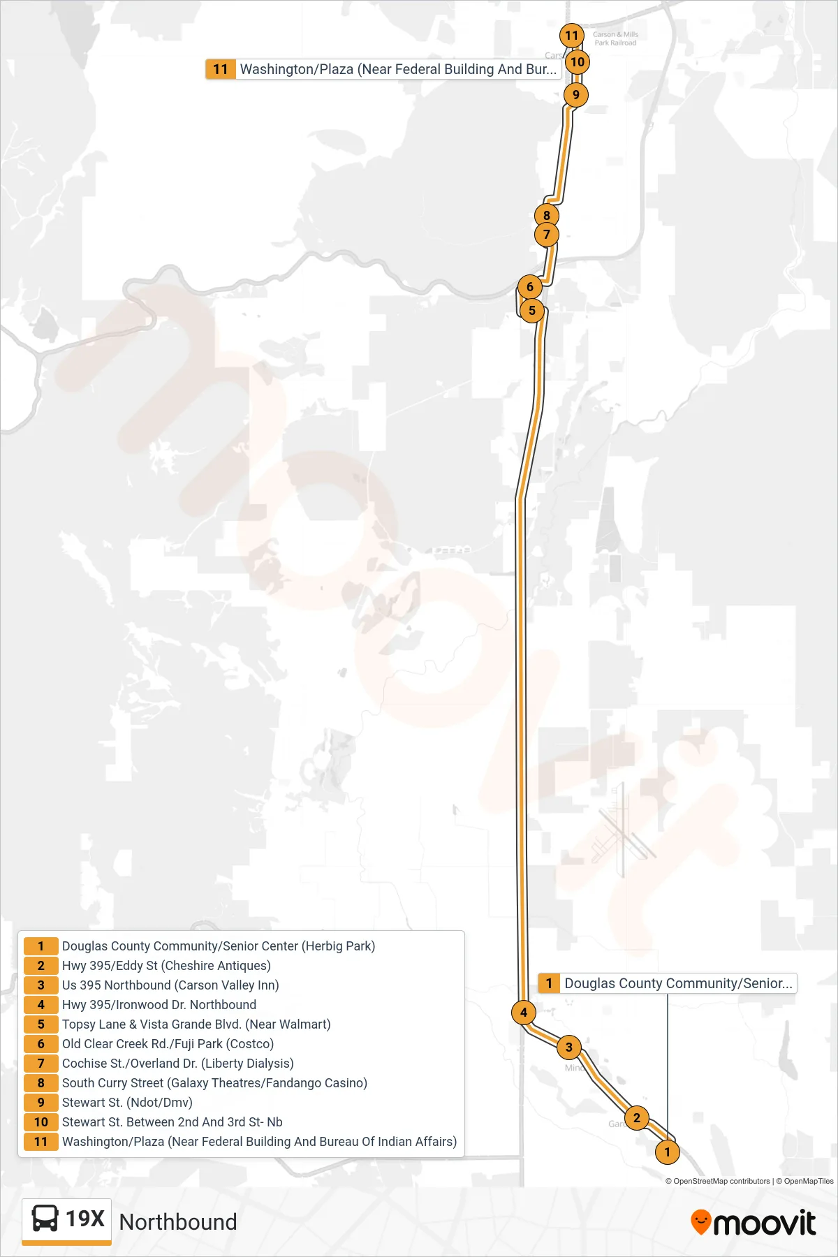 19X bus Line (Northbound) route and stops on a map
