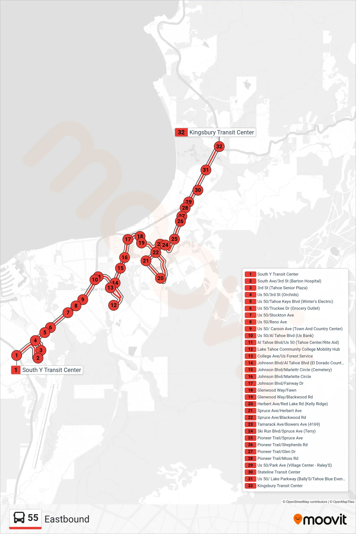 55 bus Line (Eastbound) route and stops on a map
