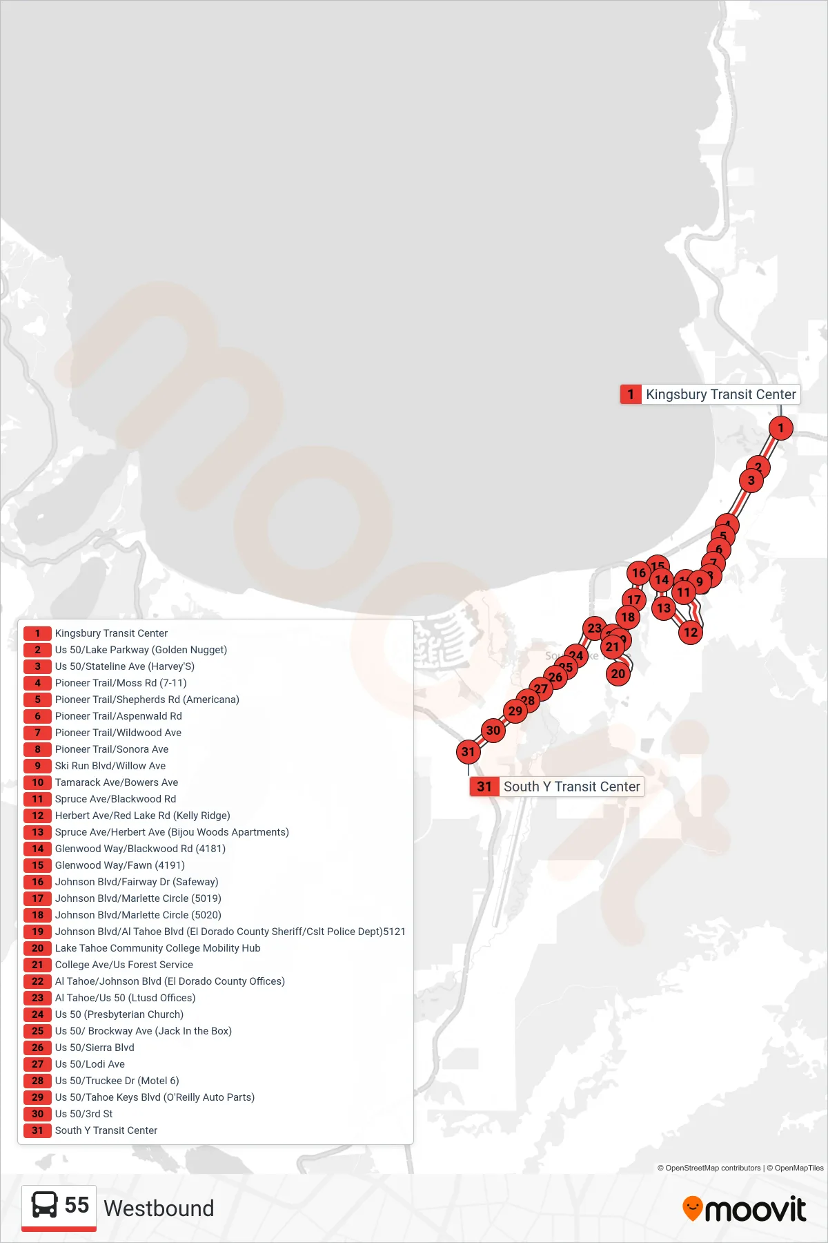 55 bus Line (Westbound) route and stops on a map