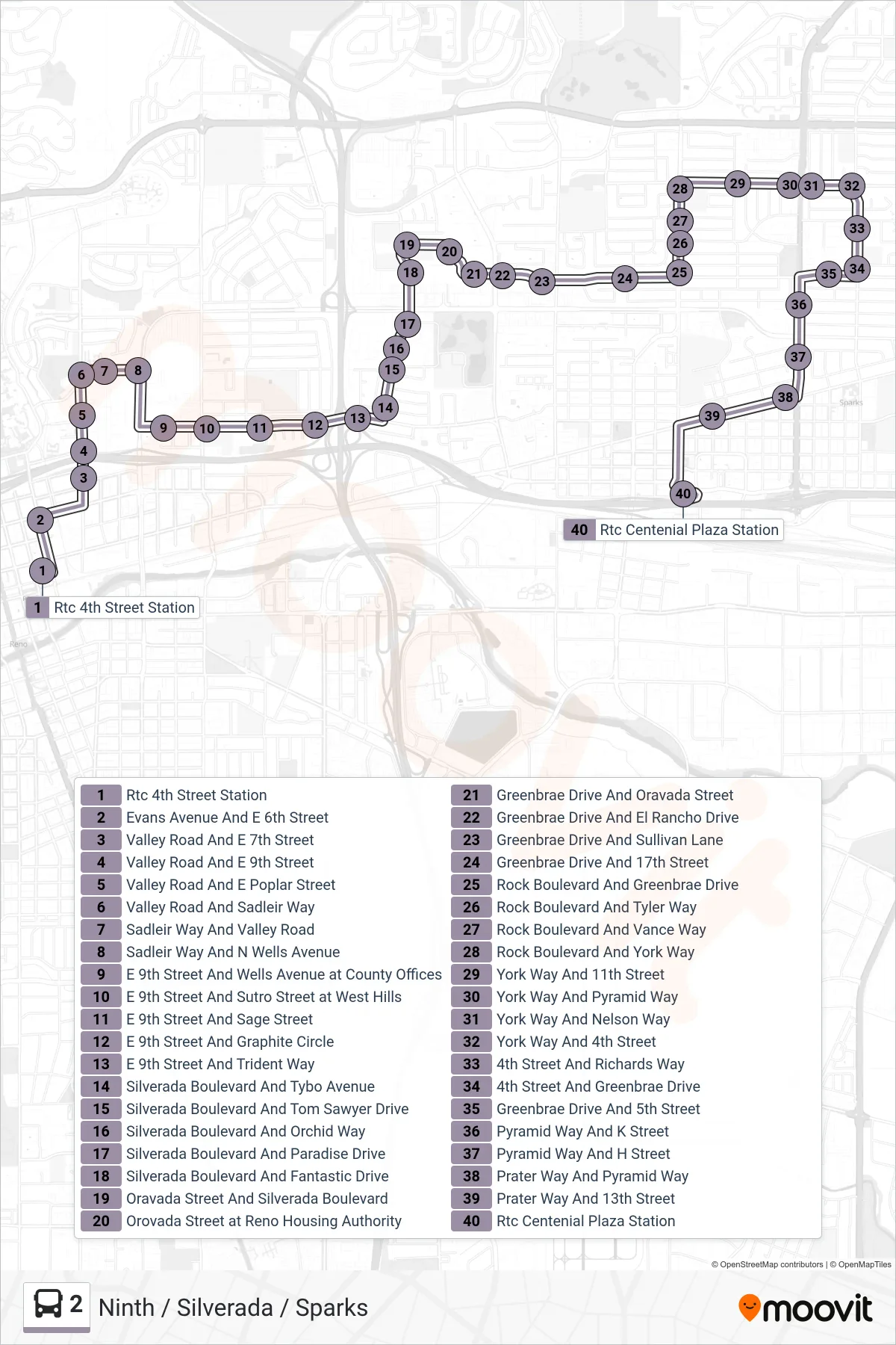 2 bus Line (Rtc Centennial Plaza Station) route and stops on a map