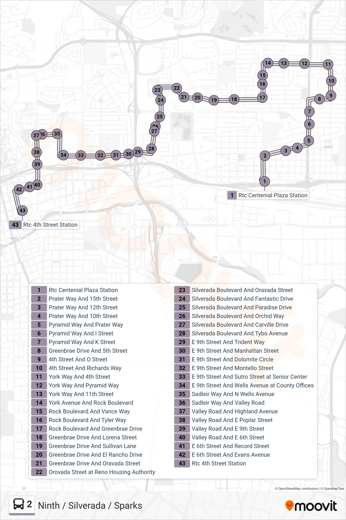 2 bus Line (Rtc 4th Street Station) route and stops on a map