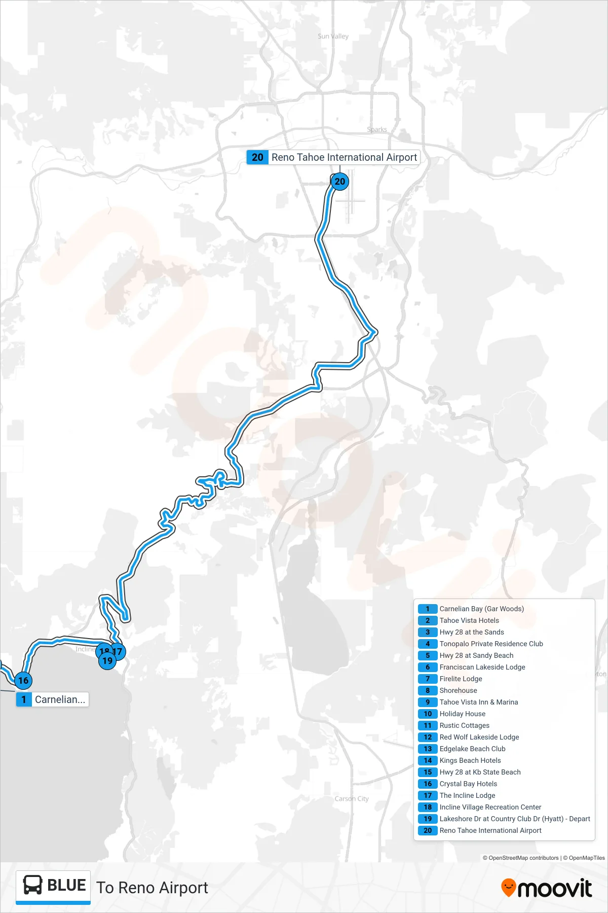 BLUE bus Line (To Reno Airport) route and stops on a map