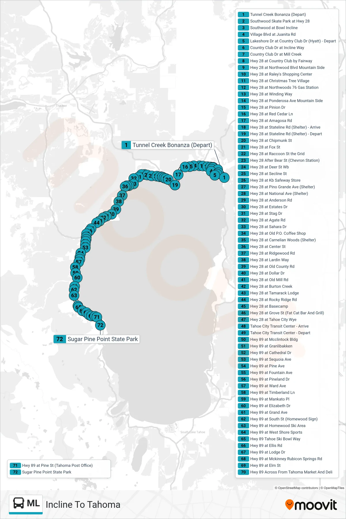 ML bus Line (Incline To Tahoma) route and stops on a map