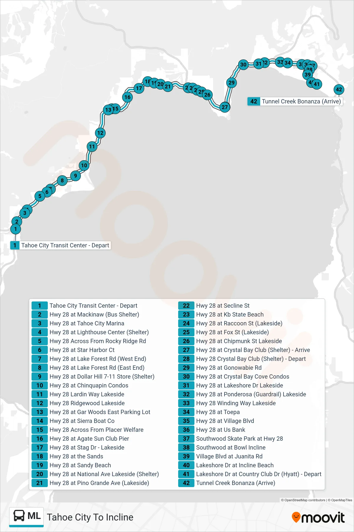 ML bus Line (Tahoe City To Incline) route and stops on a map
