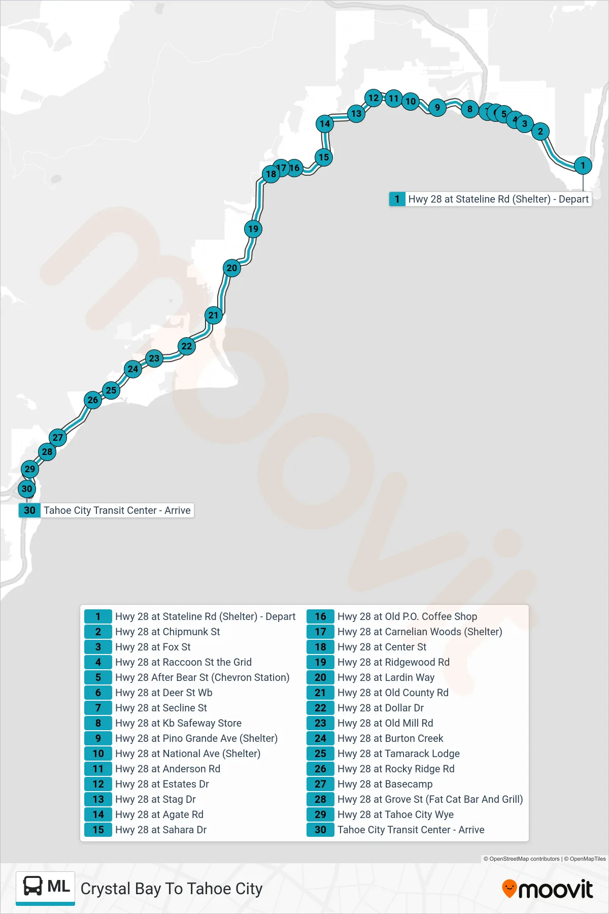 ML bus Line (Crystal Bay To Tahoe City) route and stops on a map