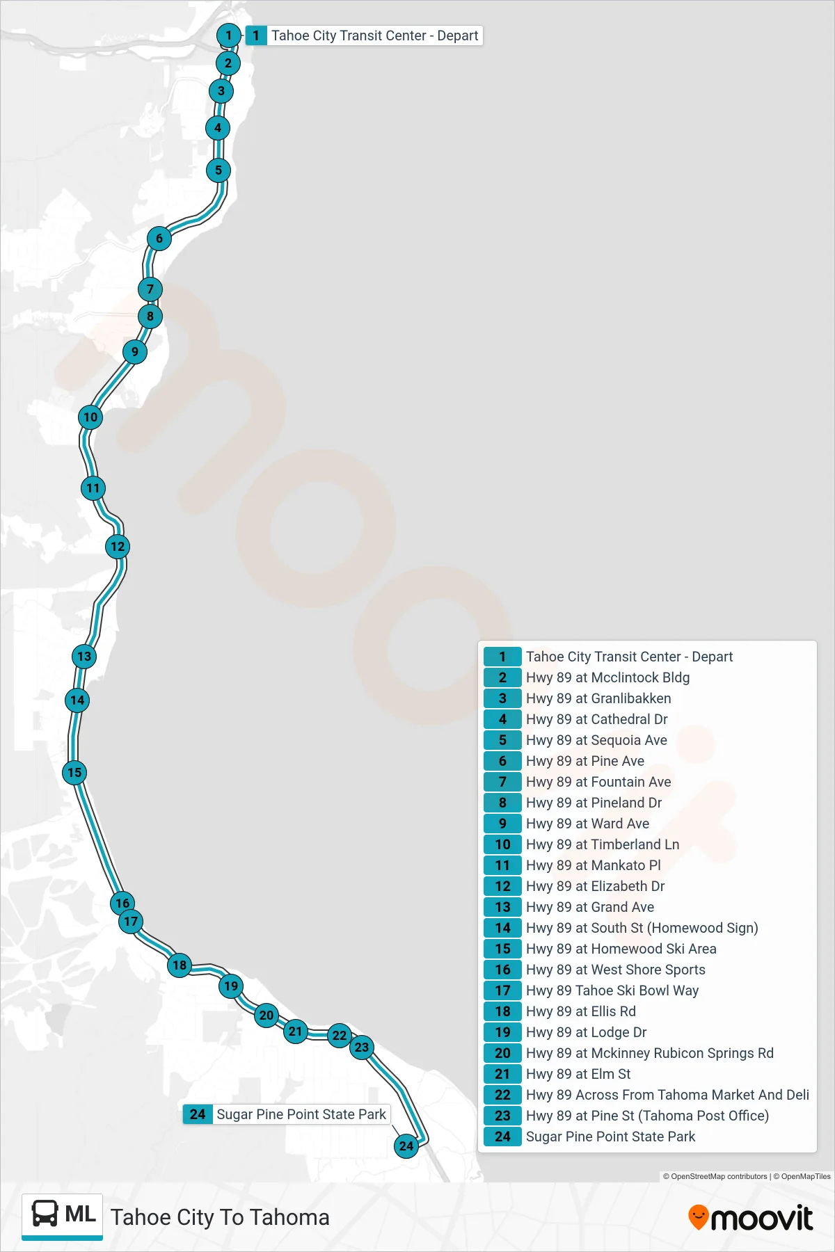 ML bus Line (Tahoe City To Tahoma) route and stops on a map