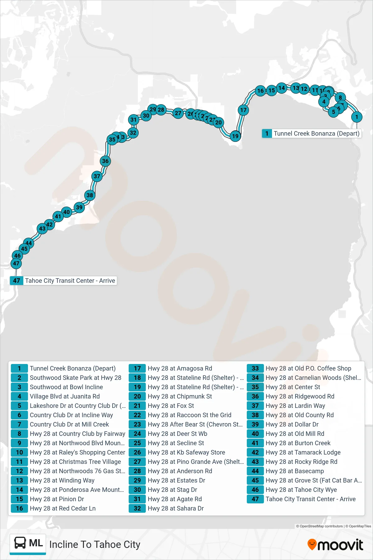 ML bus Line (Incline To Tahoe City) route and stops on a map