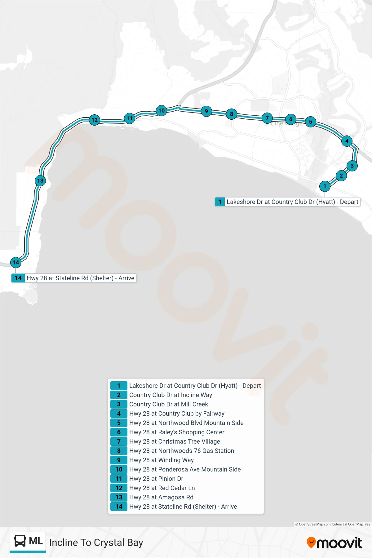 ML bus Line (Incline To Crystal Bay) route and stops on a map