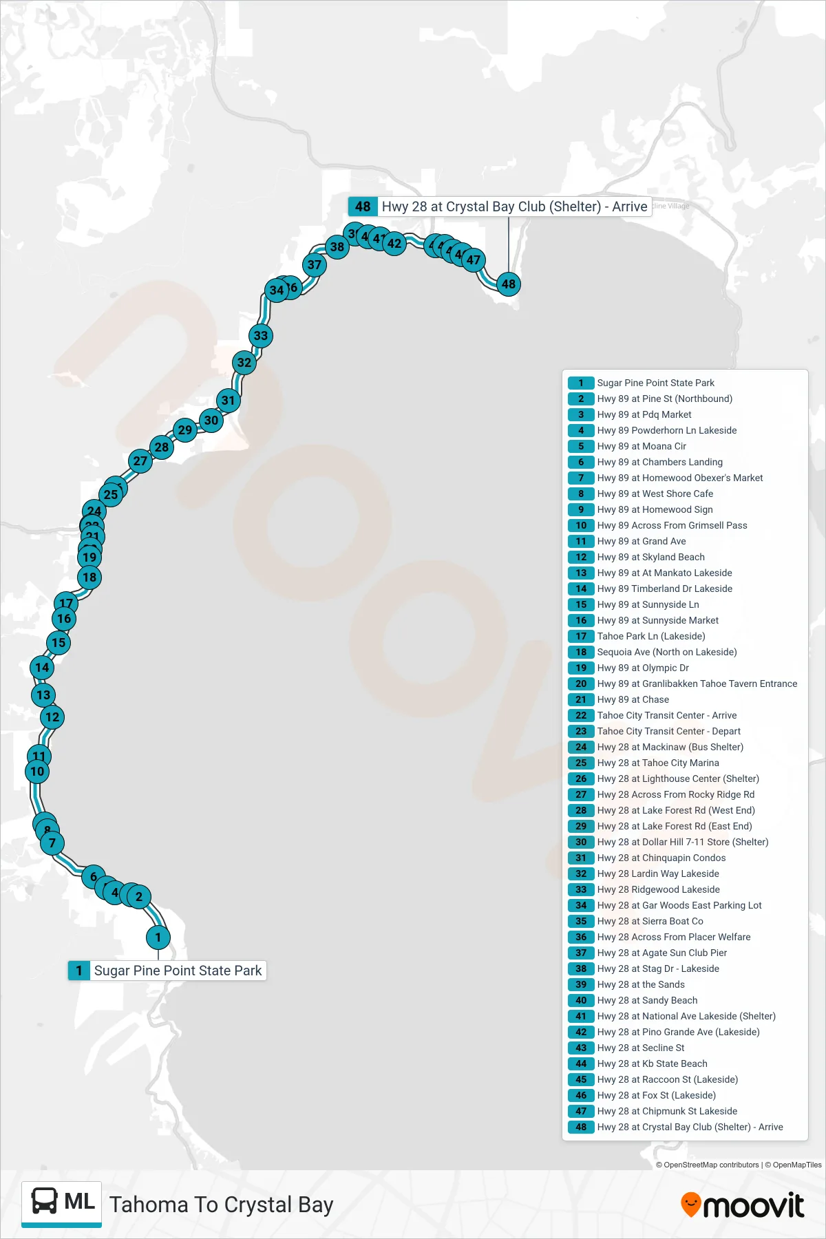 ML bus Line (Tahoma To Crystal Bay) route and stops on a map