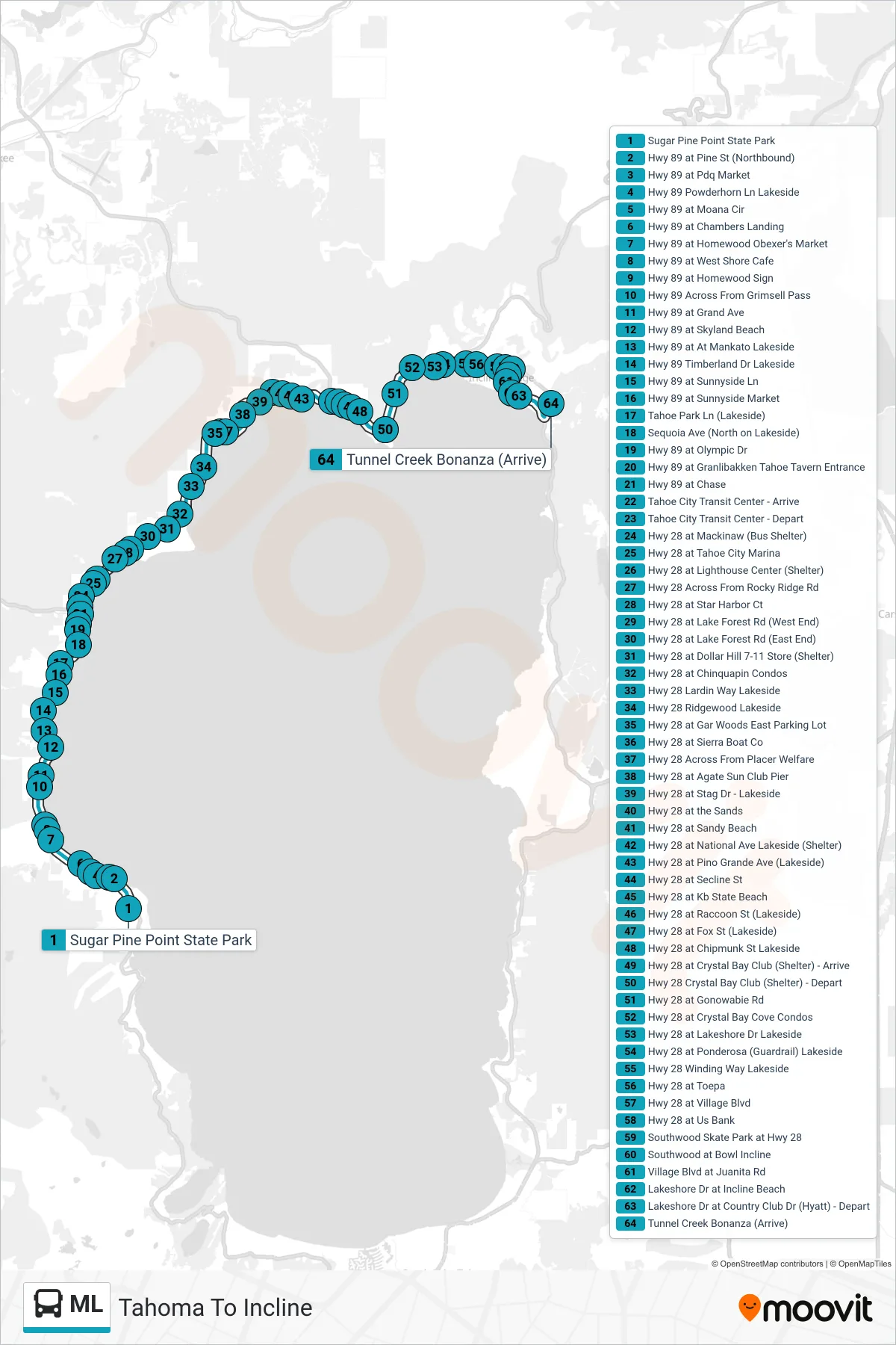ML bus Line (Tahoma To Incline) route and stops on a map