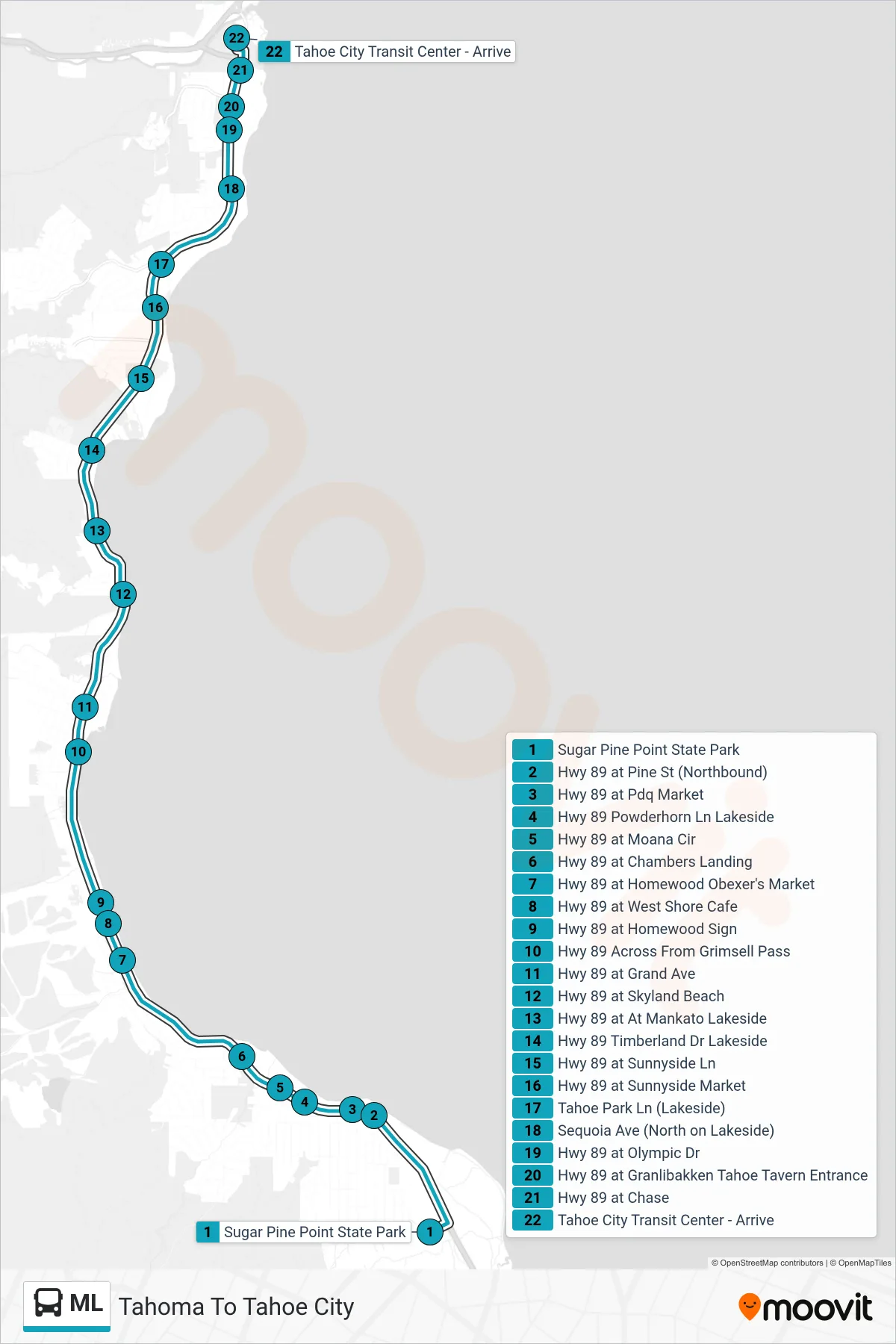 ML bus Line (Tahoma To Tahoe City) route and stops on a map