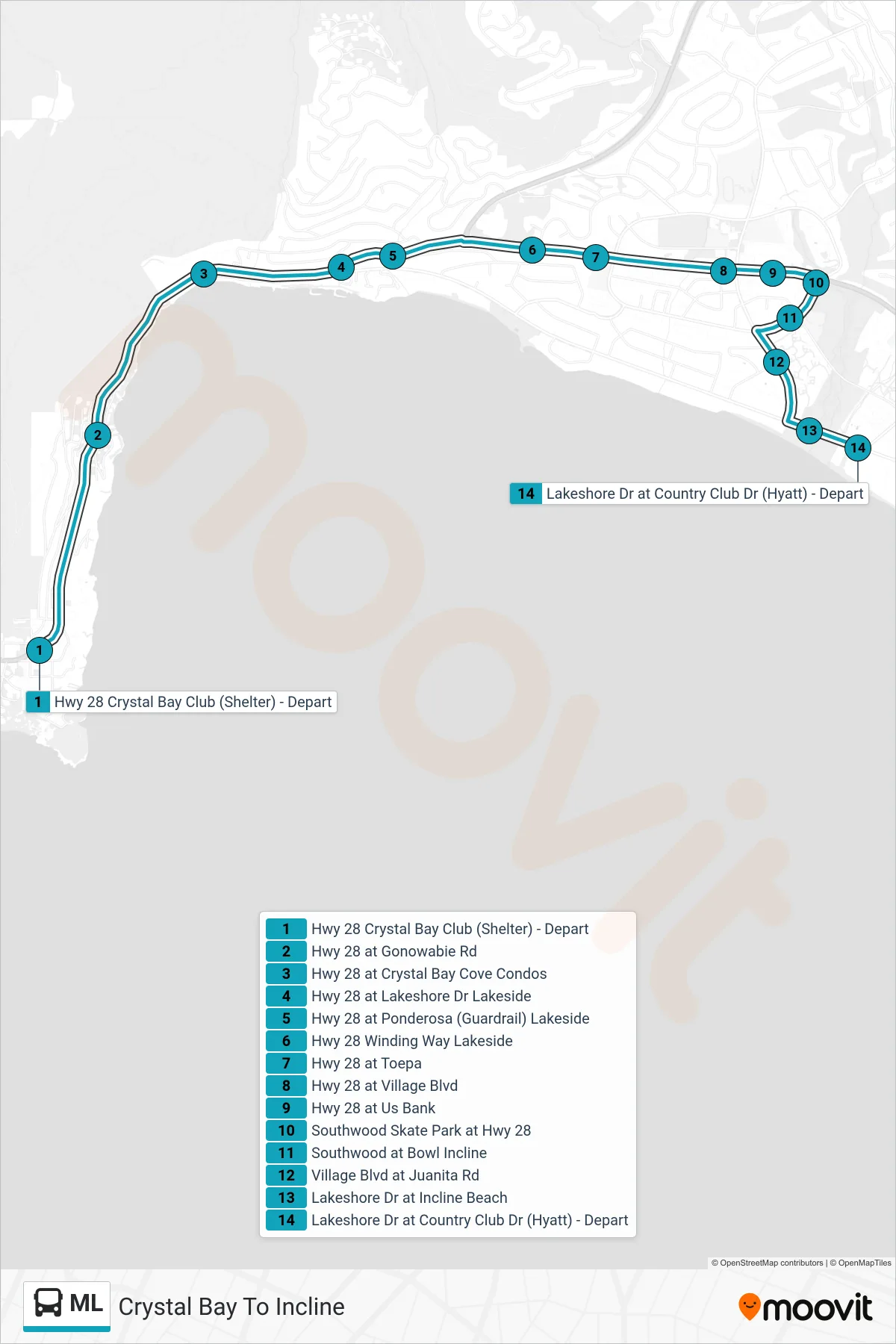 ML bus Line (Crystal Bay To Incline) route and stops on a map