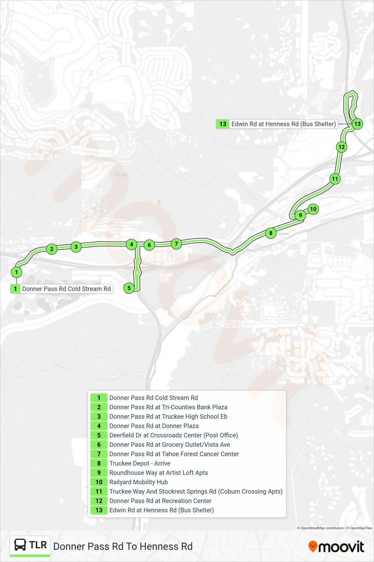 TLR bus Line (Donner Pass Rd To Henness Rd) route and stops on a map