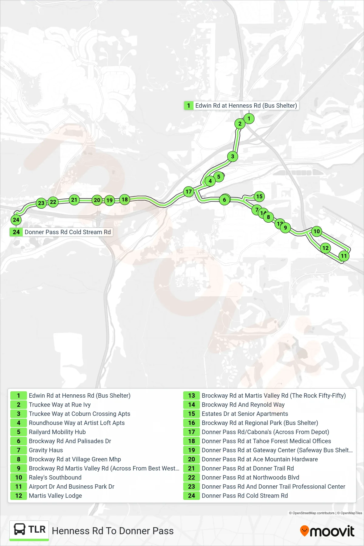 TLR bus Line (Henness Rd To Donner Pass) route and stops on a map