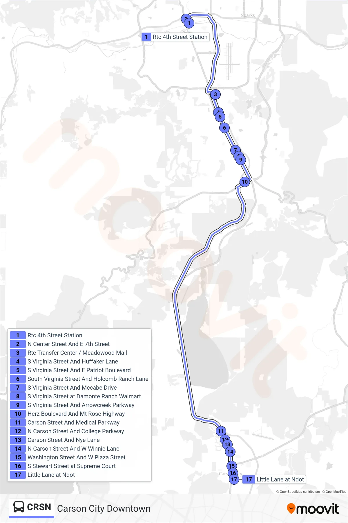 CRSN bus Line (Carson City Downtown) route and stops on a map