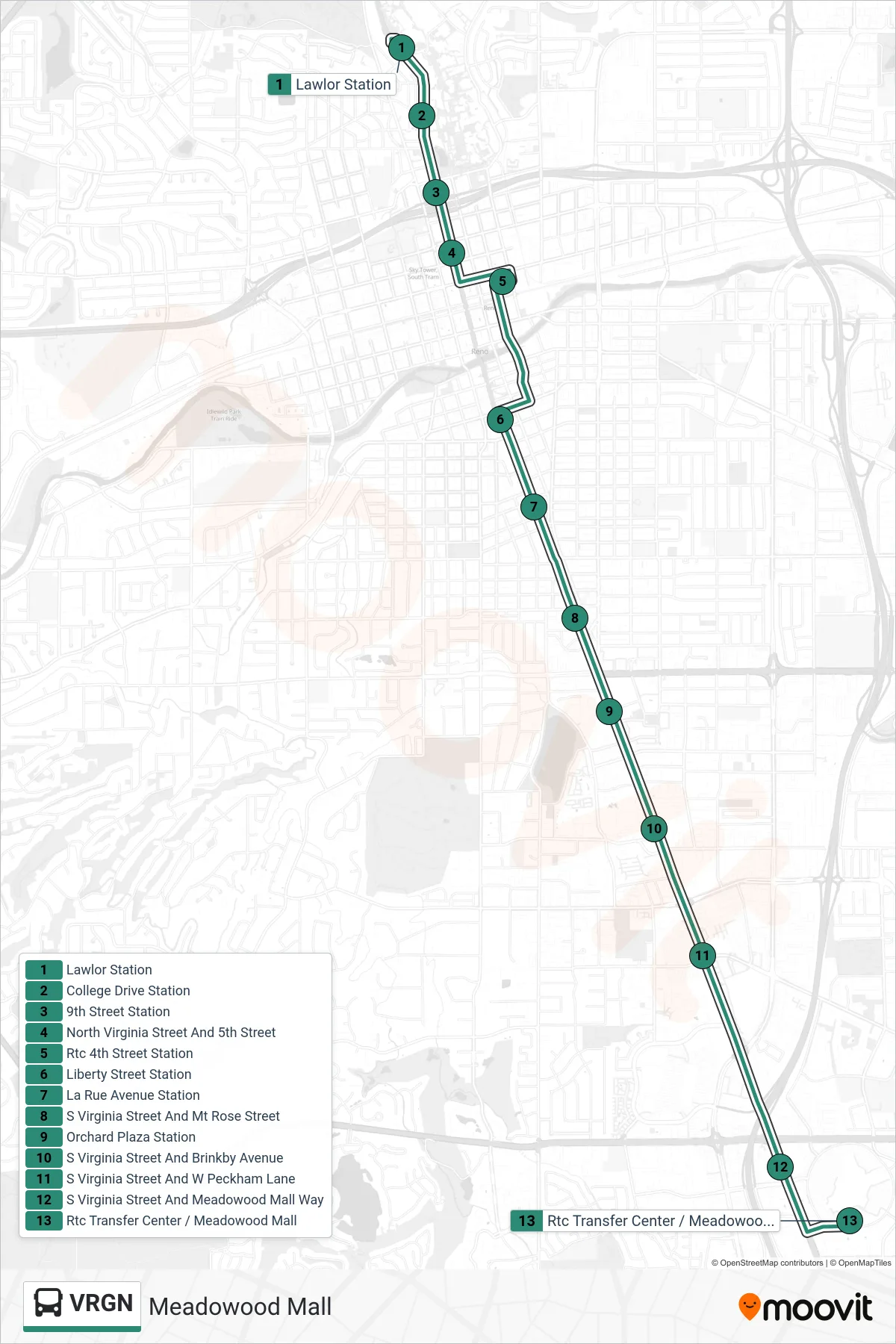 VRGN bus Line (Meadowood Mall) route and stops on a map