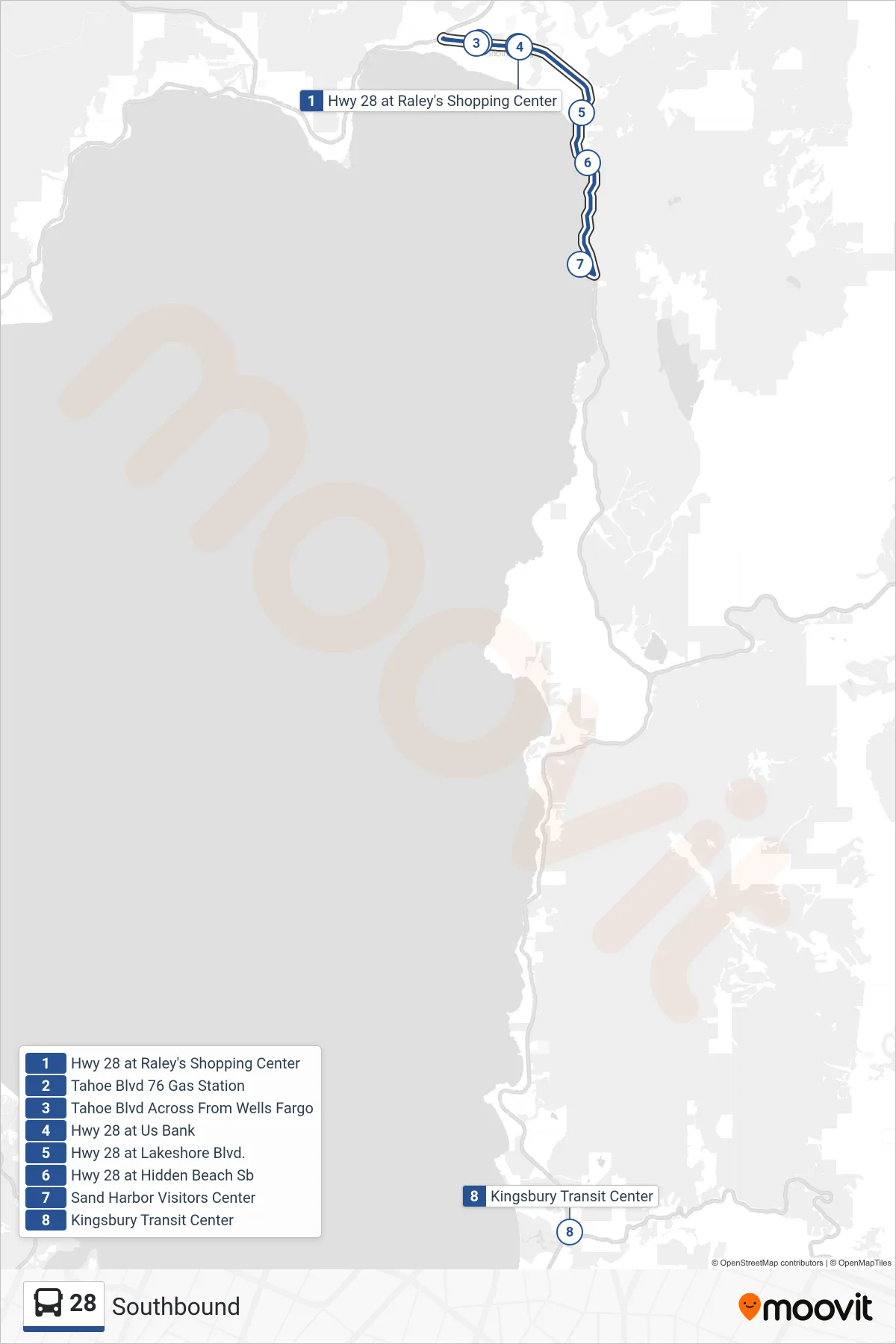 28 bus Line (Southbound) route and stops on a map