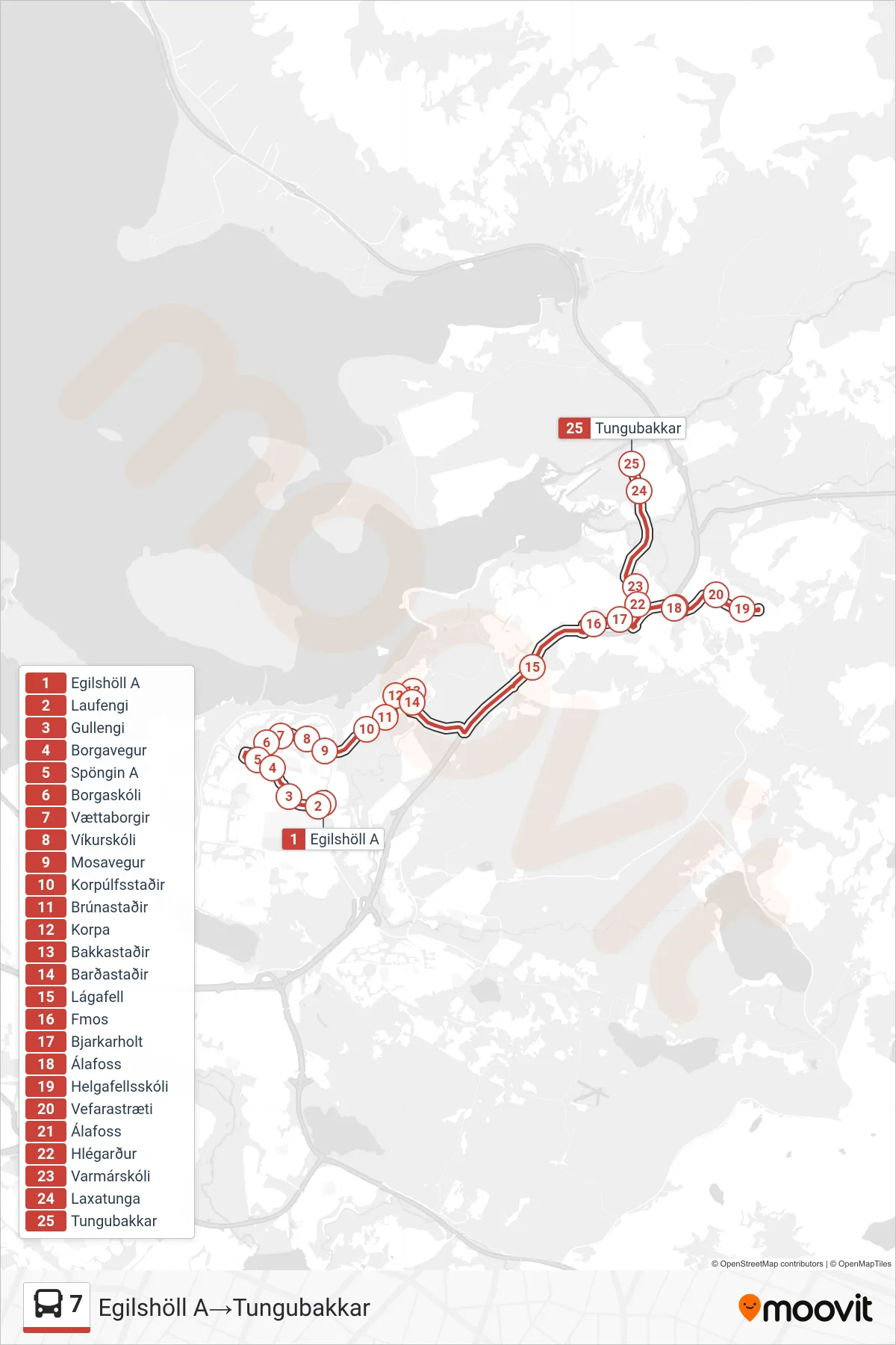 7 bus Line (Egilshöll A‎→Tungubakkar) route and stops on a map