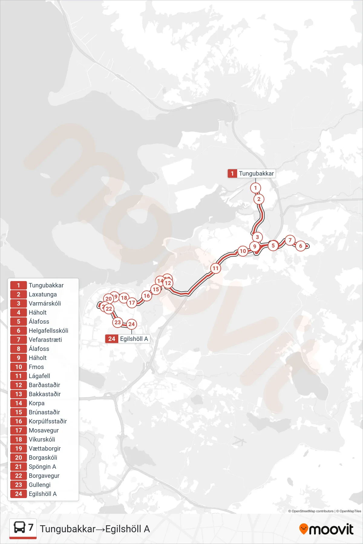 7 bus Line (Tungubakkar‎→Egilshöll A) route and stops on a map