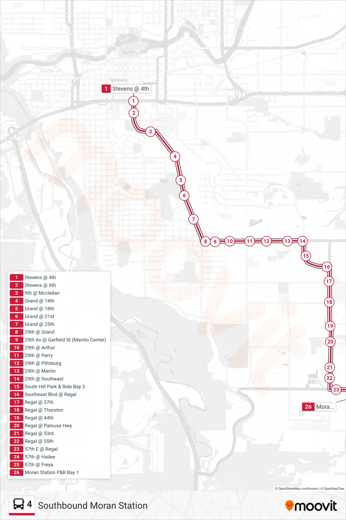 4 bus Line (Southbound Moran Station) route and stops on a map