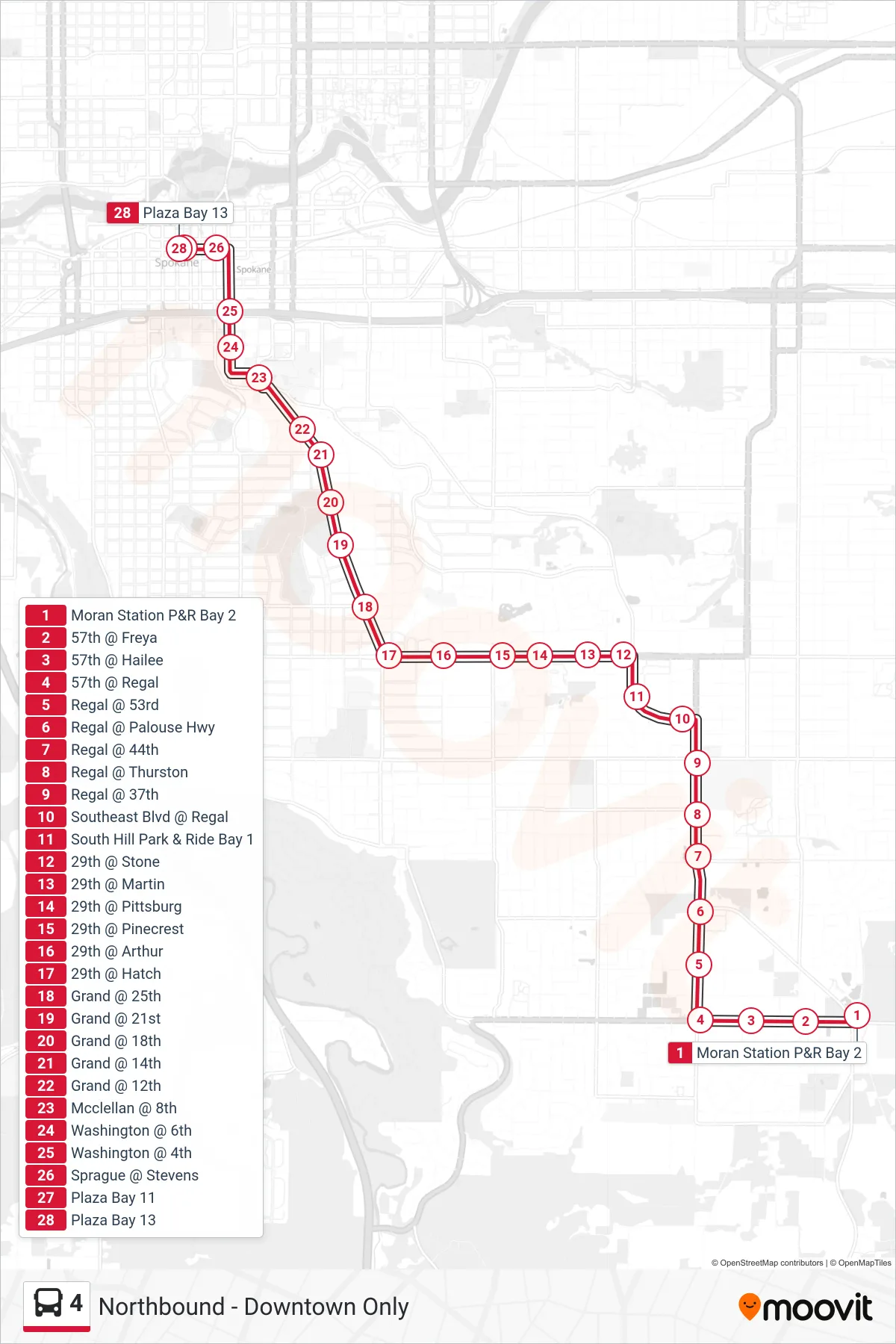 4 bus Line (Northbound - Downtown Only) route and stops on a map