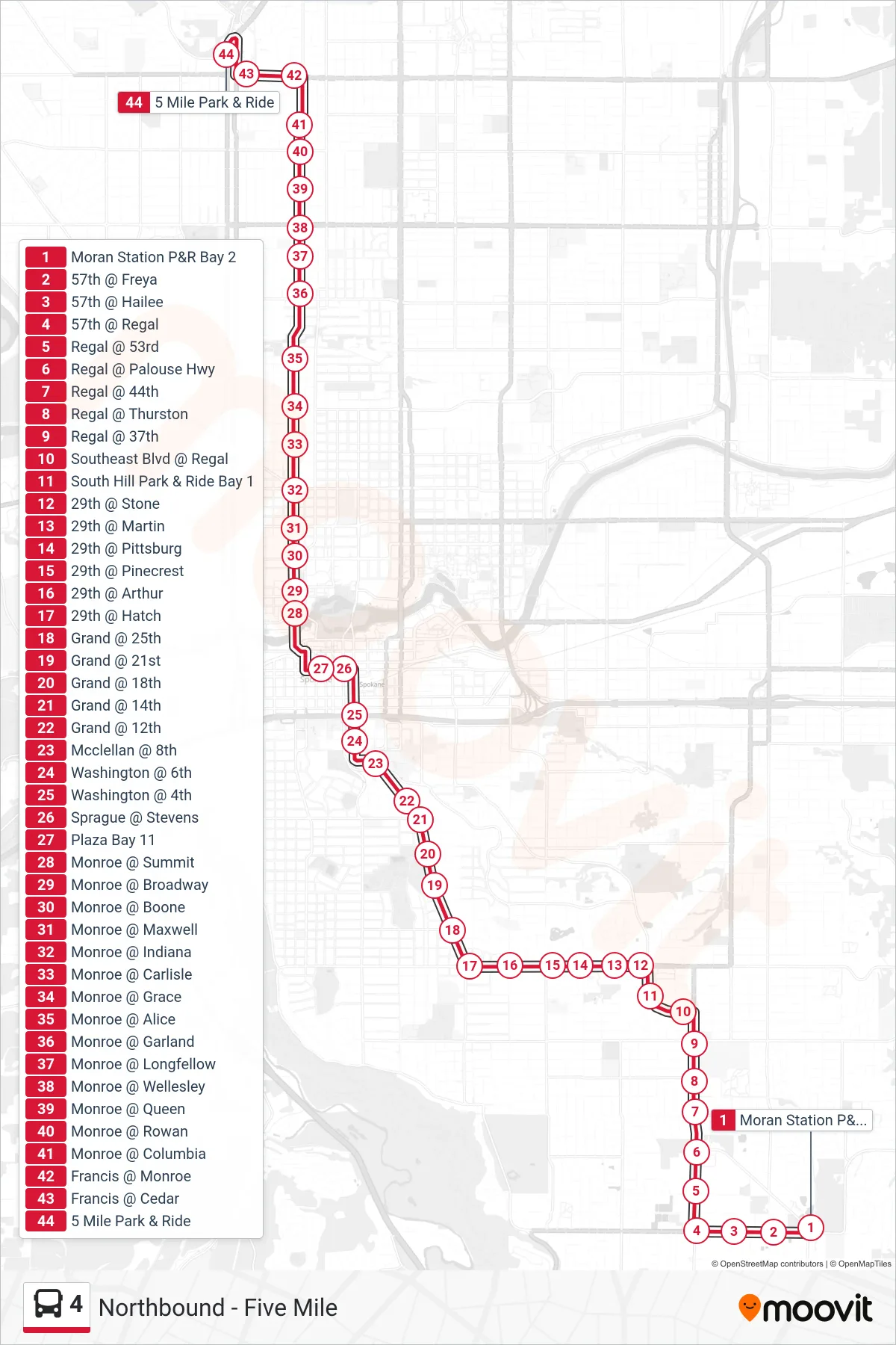 4 bus Line (Northbound - Five Mile) route and stops on a map
