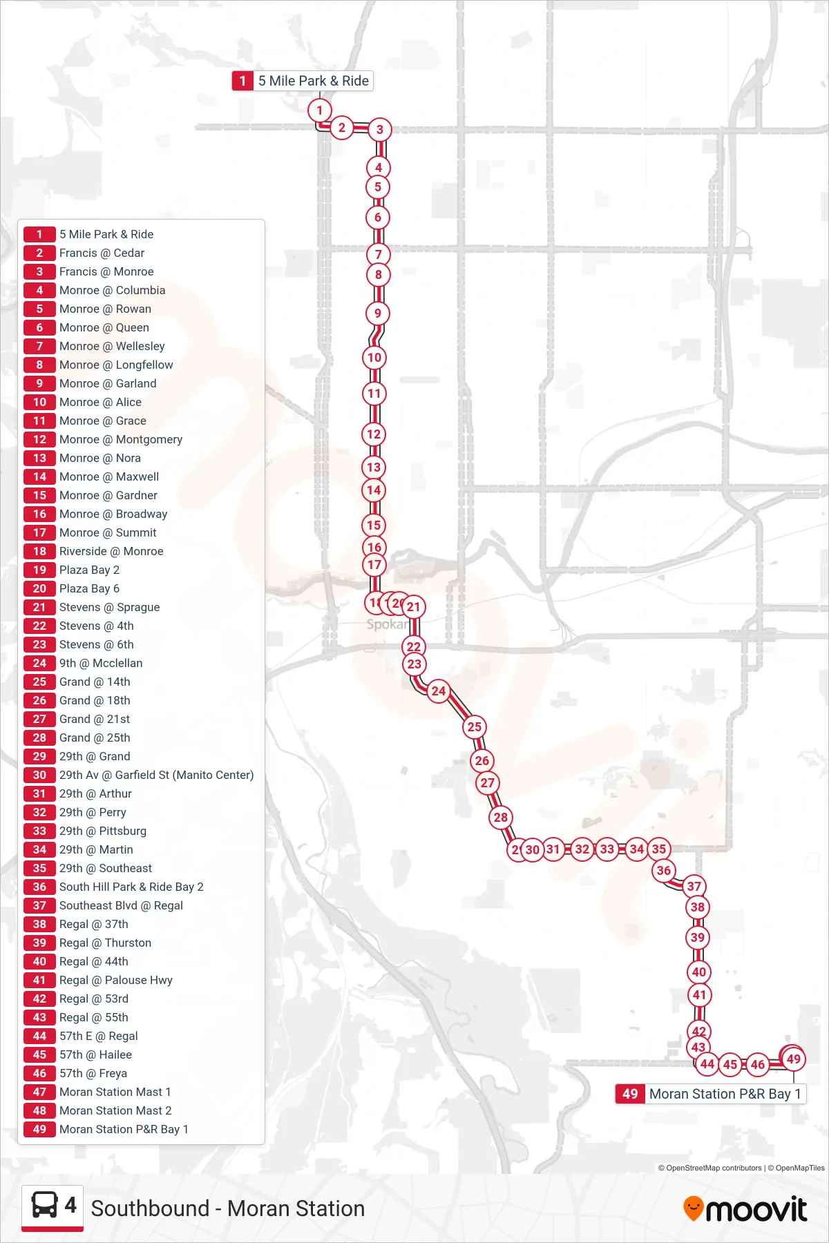 4 bus Line (Southbound - Moran Station) route and stops on a map
