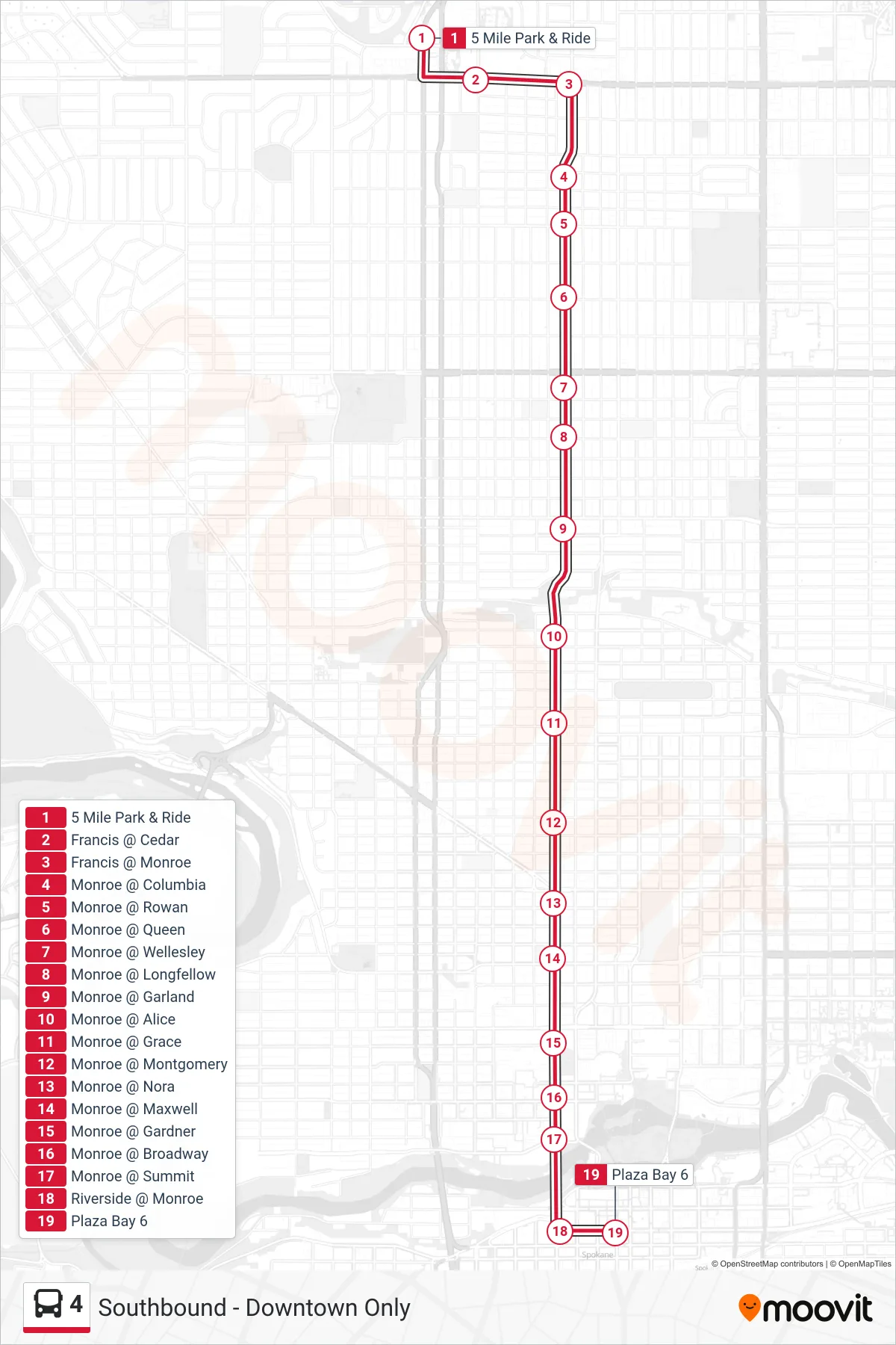 4 bus Line (Southbound - Downtown Only) route and stops on a map