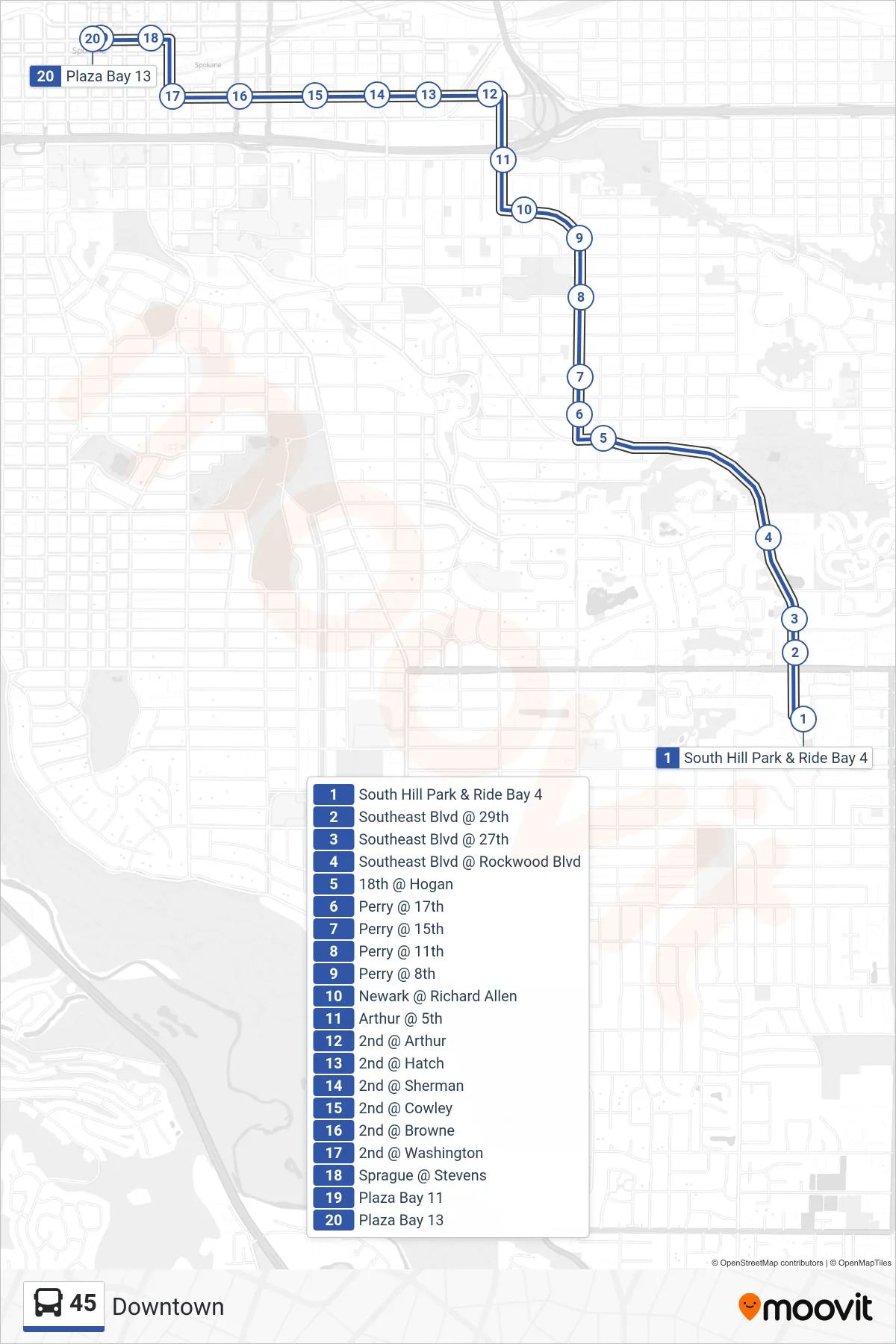 45 bus Line (Downtown) route and stops on a map