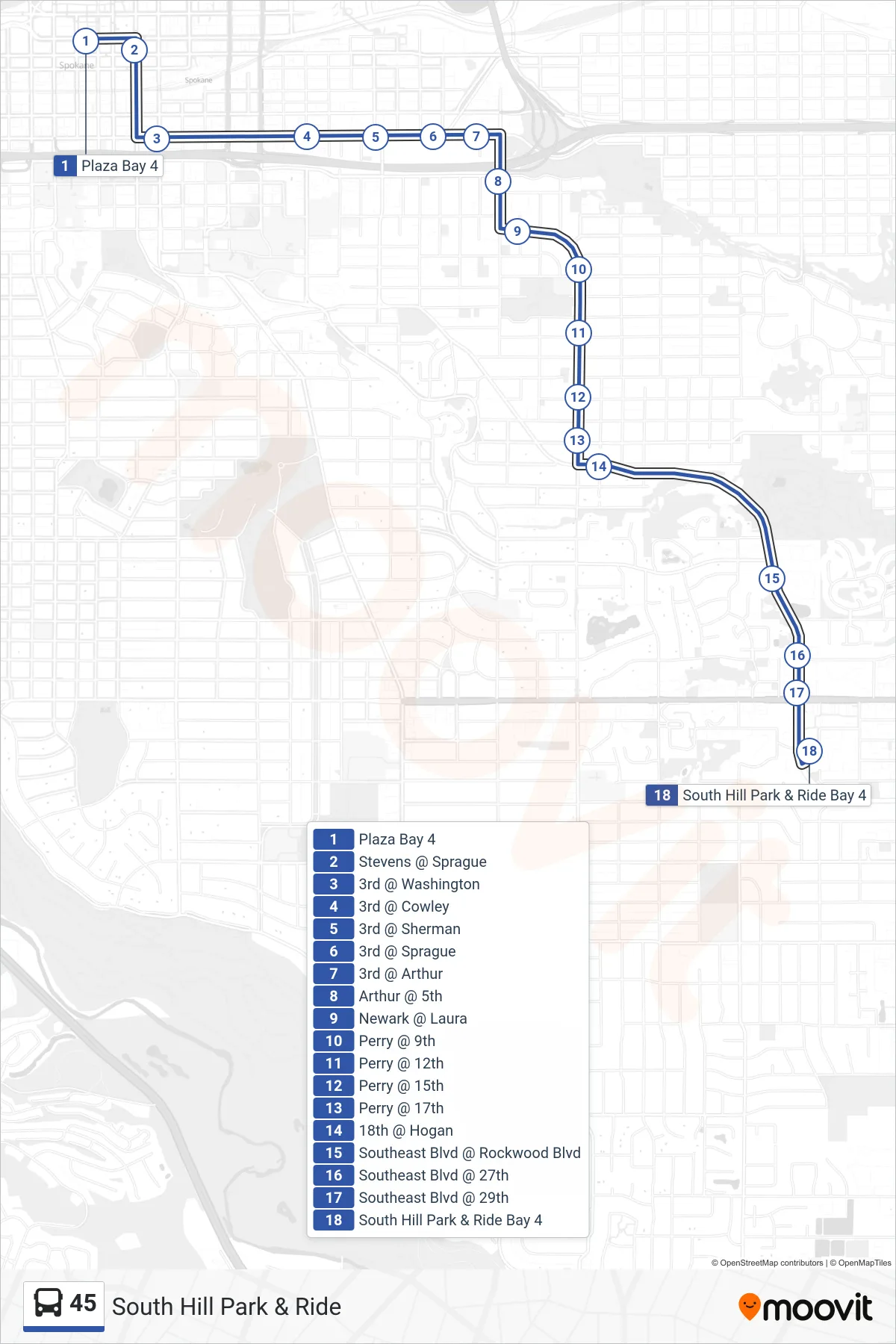 45 bus Line (South Hill Park & Ride) route and stops on a map
