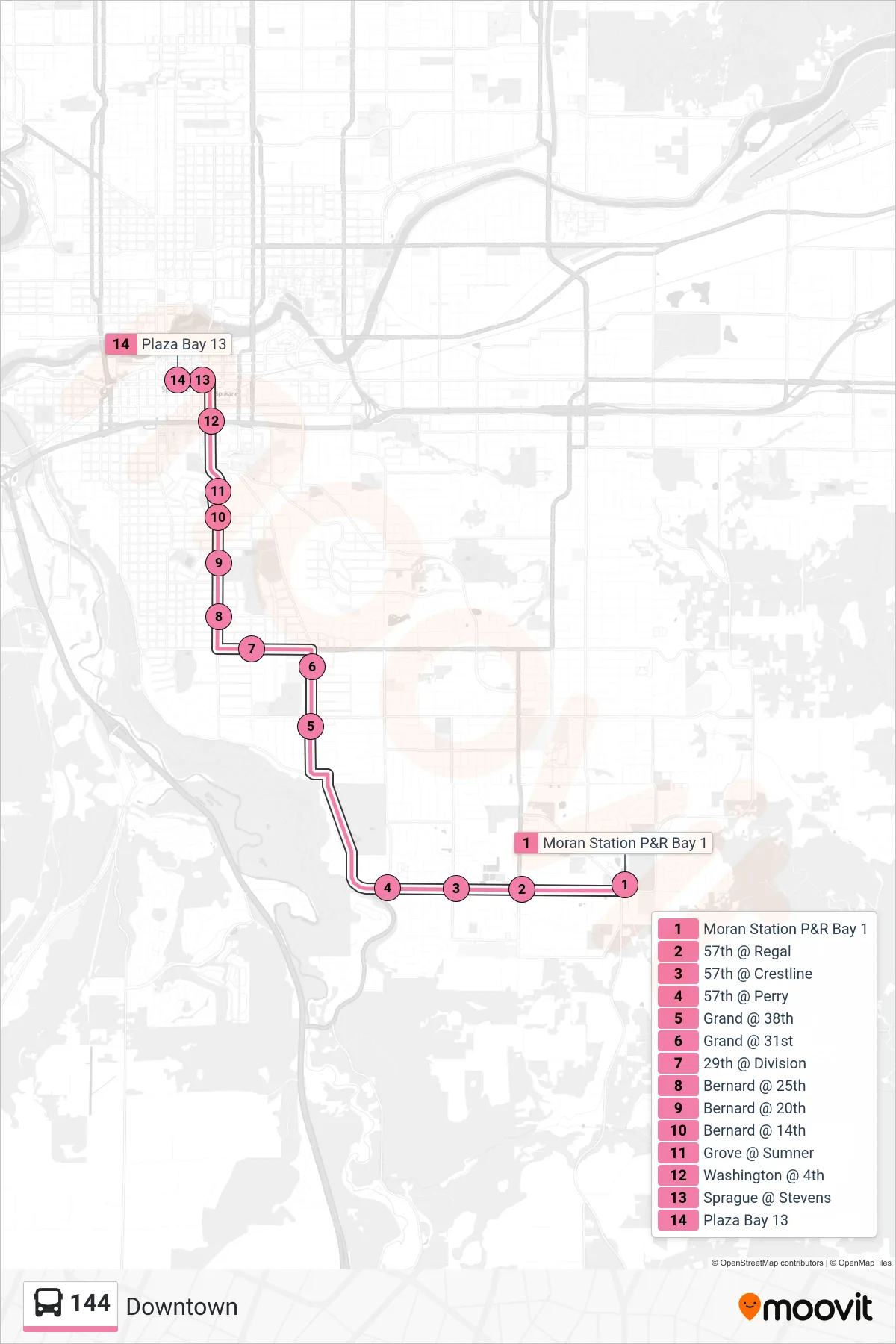 144 bus Line (Downtown) route and stops on a map
