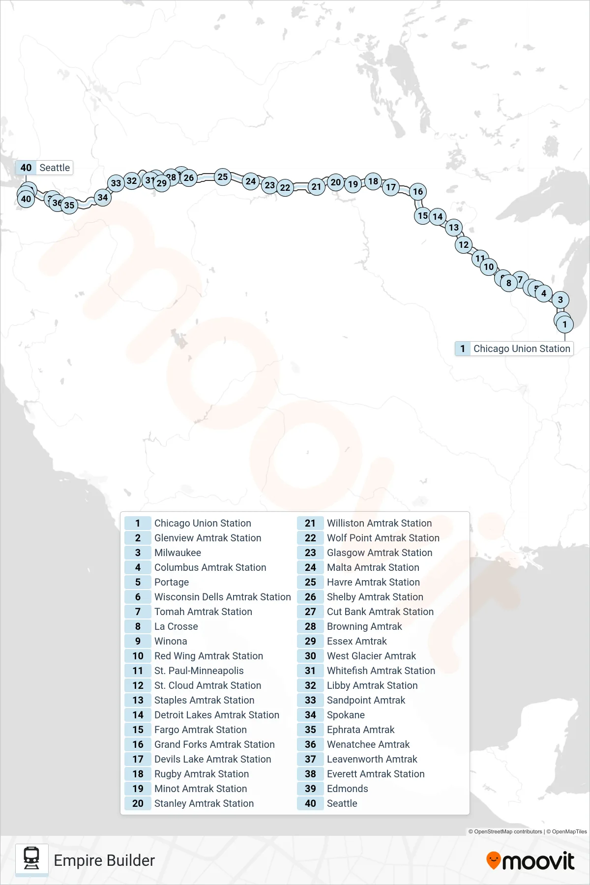 EMPIRE BUILDER rail Line (Seattle) route and stops on a map
