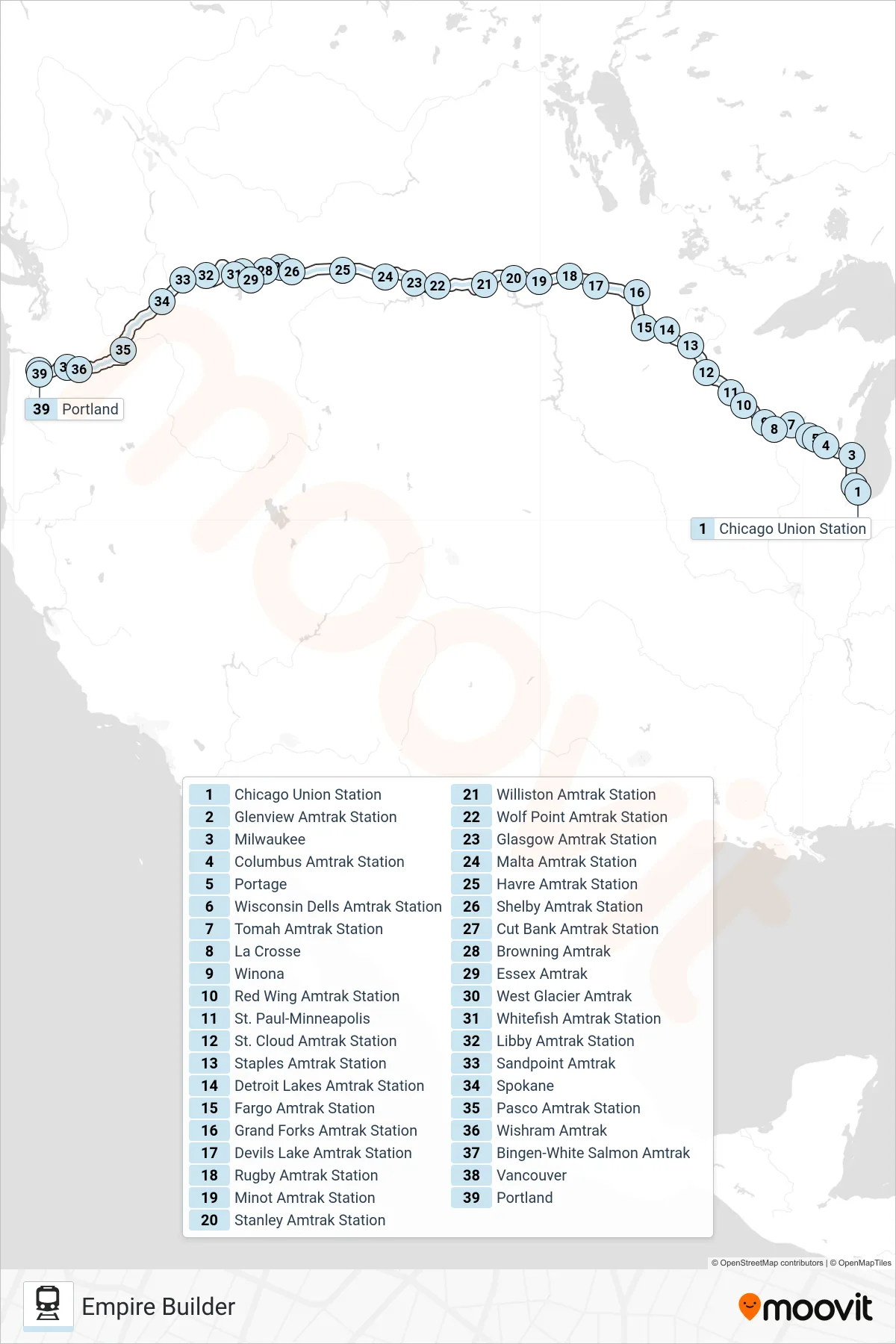 EMPIRE BUILDER rail Line (Portland) route and stops on a map