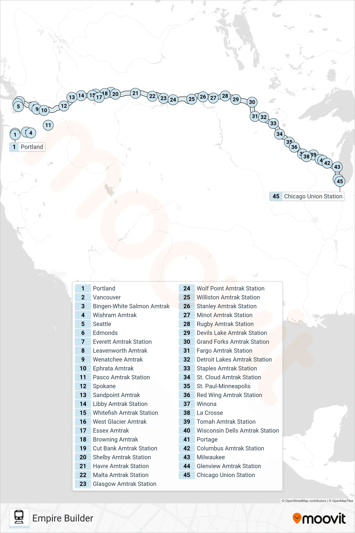 EMPIRE BUILDER rail Line (Chicago) route and stops on a map