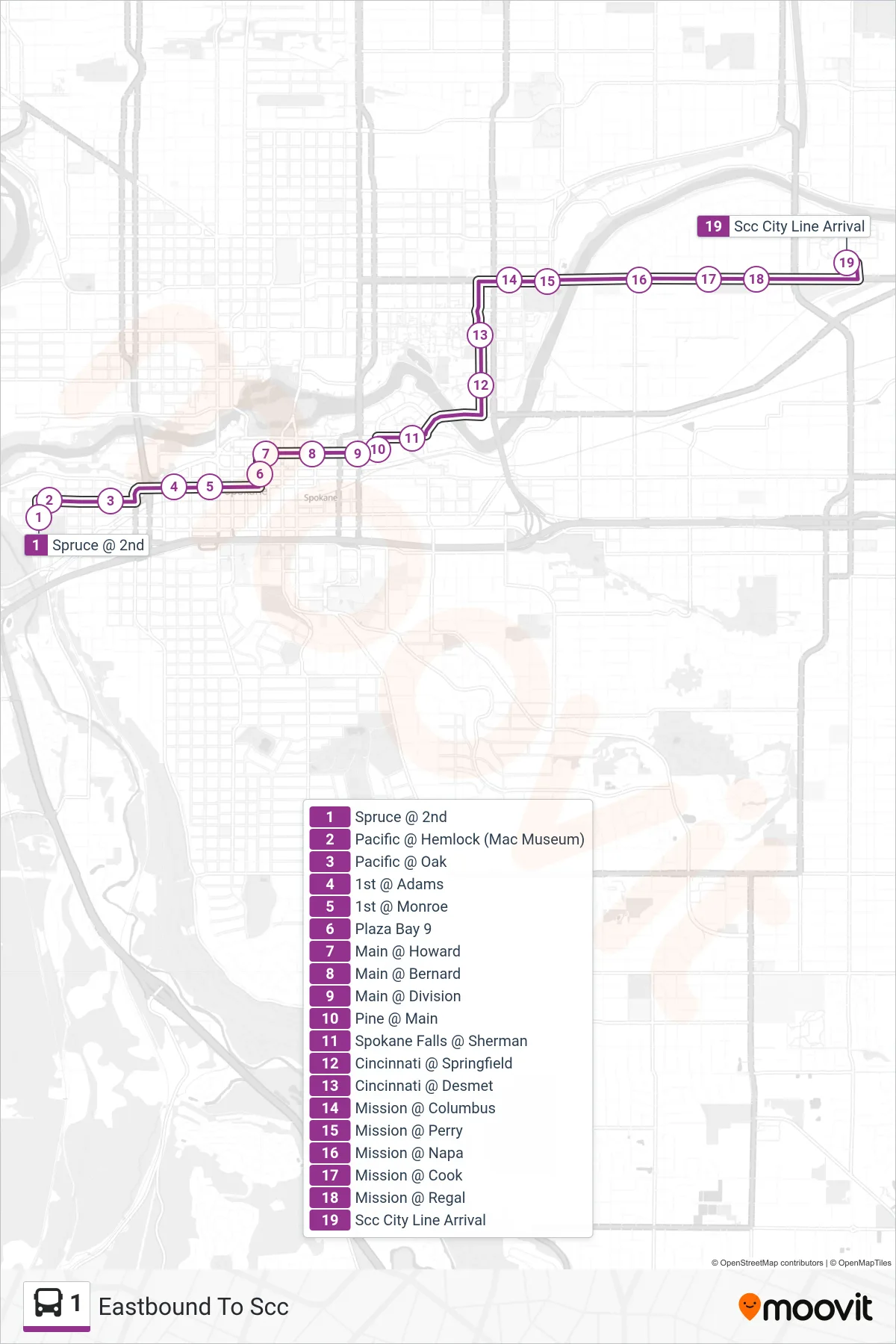 1 bus Line (Eastbound To Scc) route and stops on a map