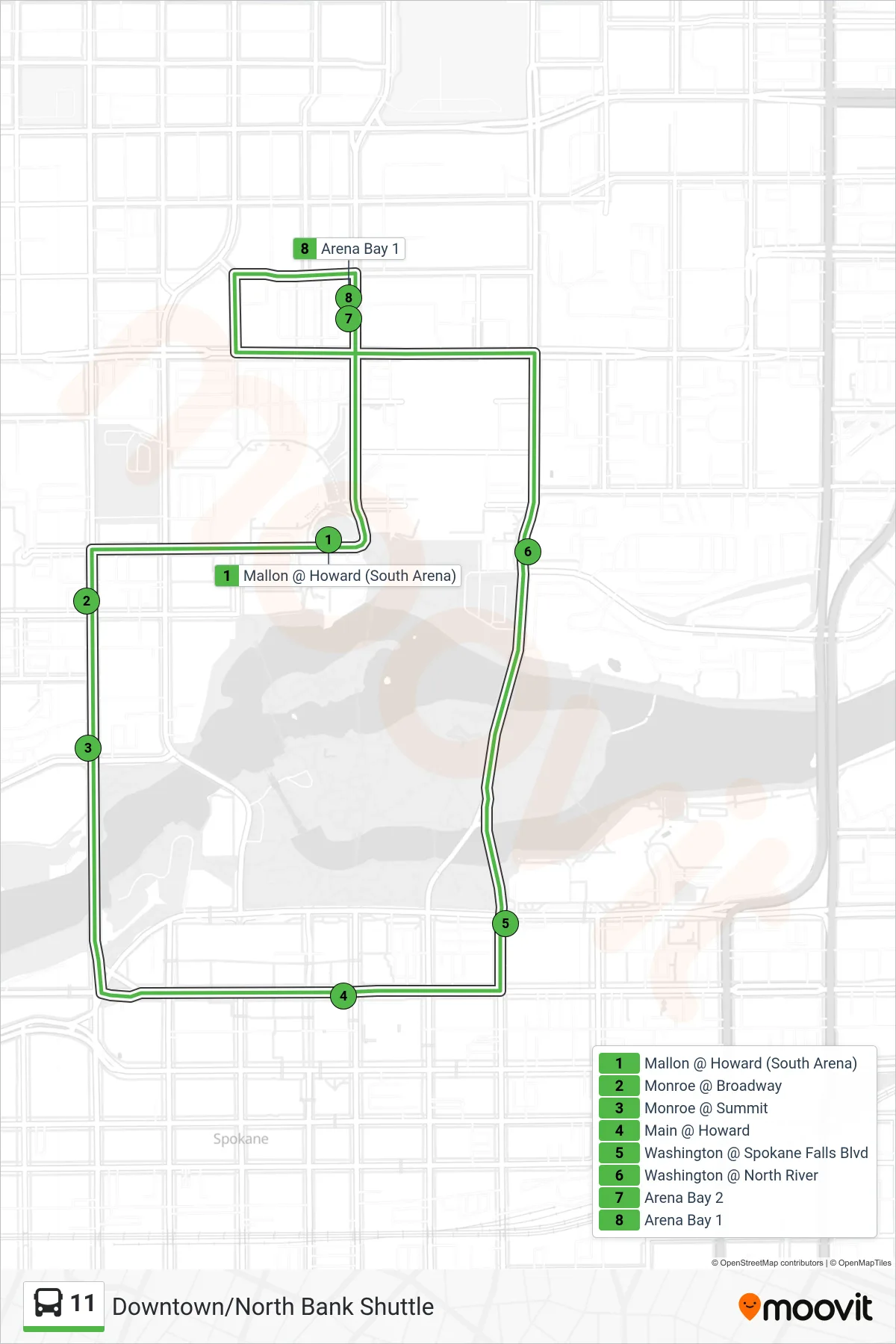 11 bus Line (Downtown/North Bank Shuttle) route and stops on a map