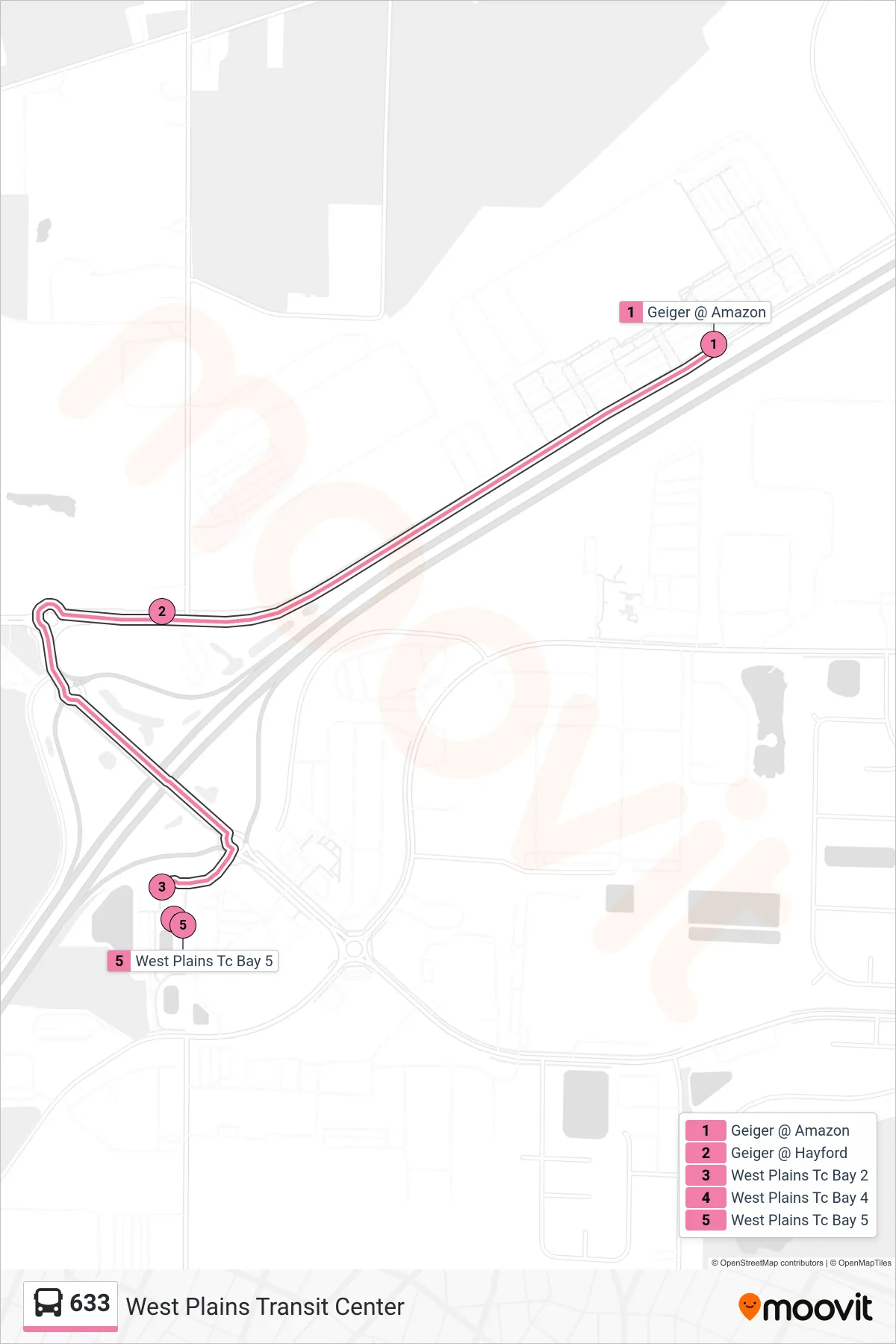 633 bus Line (West Plains Transit Center) route and stops on a map