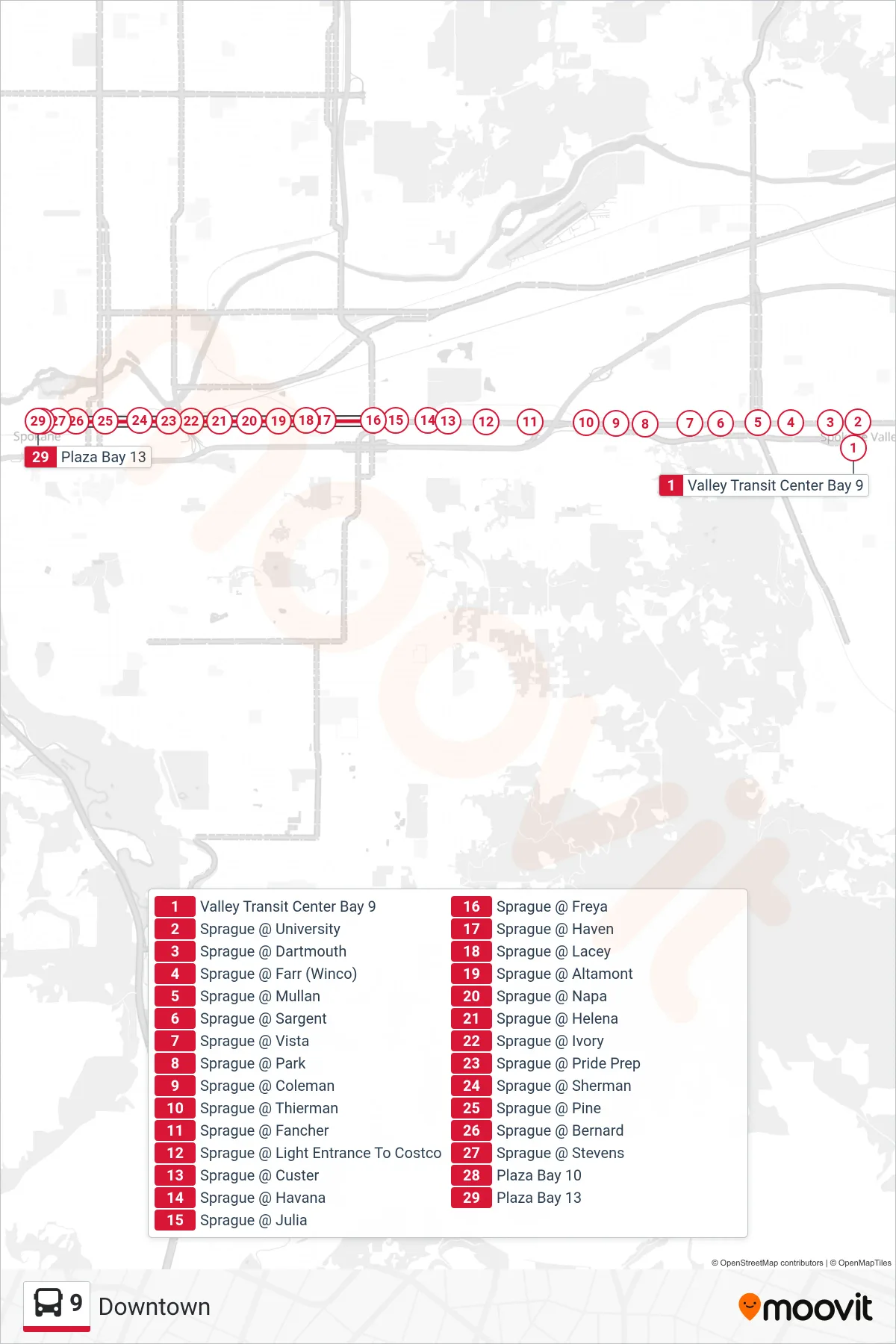 9 bus Line (Downtown) route and stops on a map