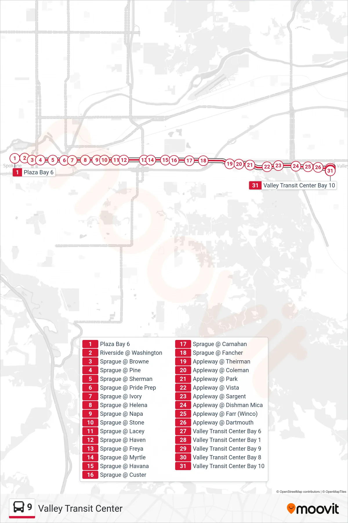 9 bus Line (Valley Transit Center) route and stops on a map
