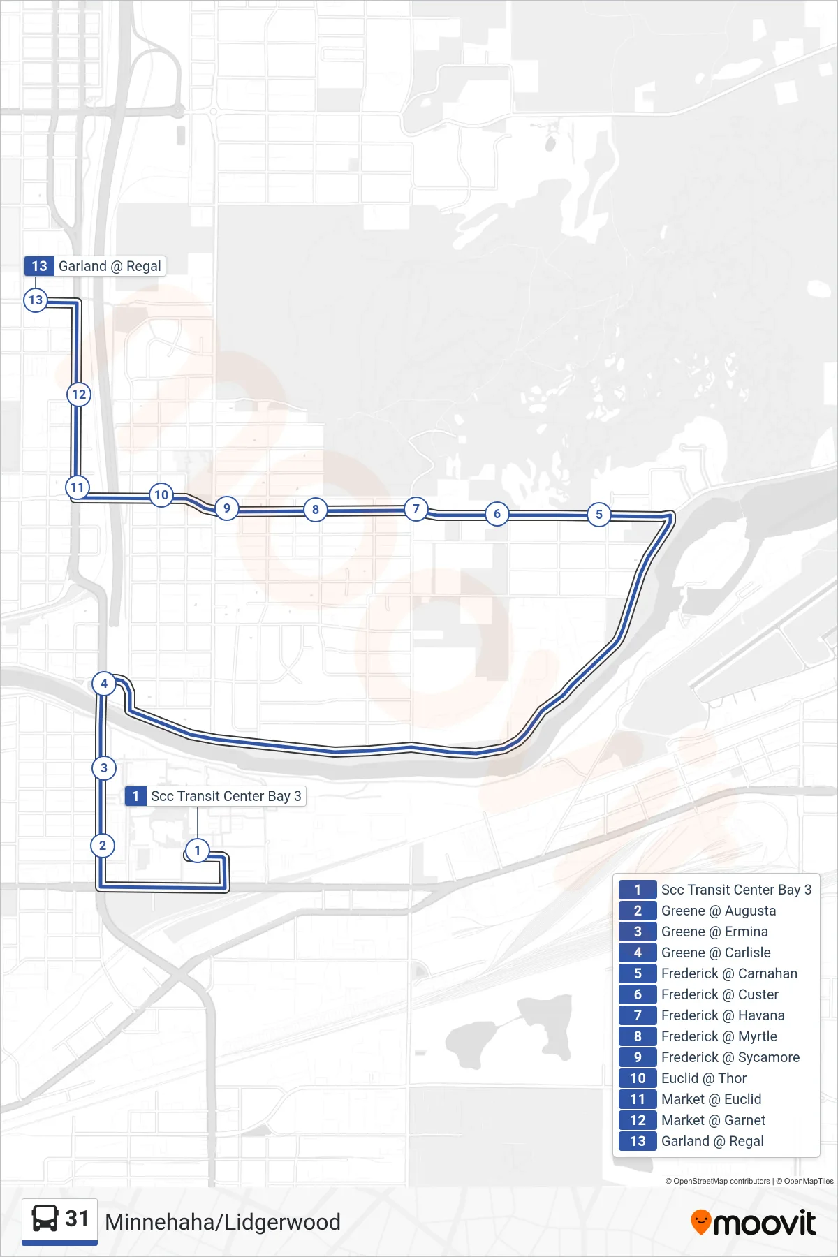 31 bus Line (To Garland & Regal) route and stops on a map