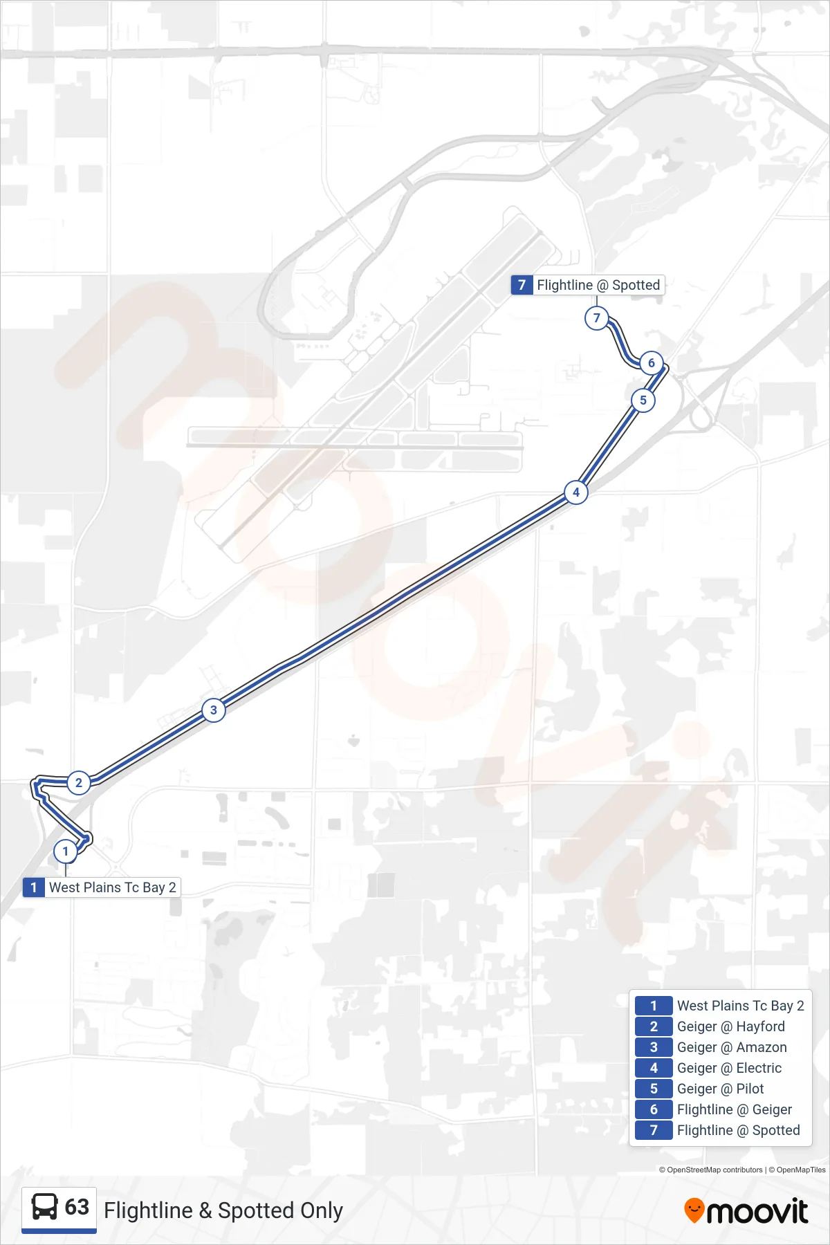 63 bus Line (Flightline & Spotted Only) route and stops on a map