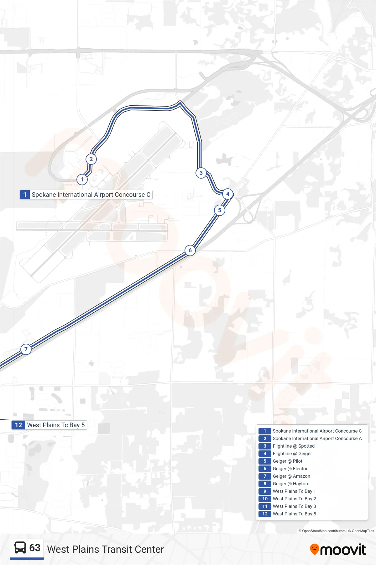 63 bus Line (West Plains Transit Center) route and stops on a map