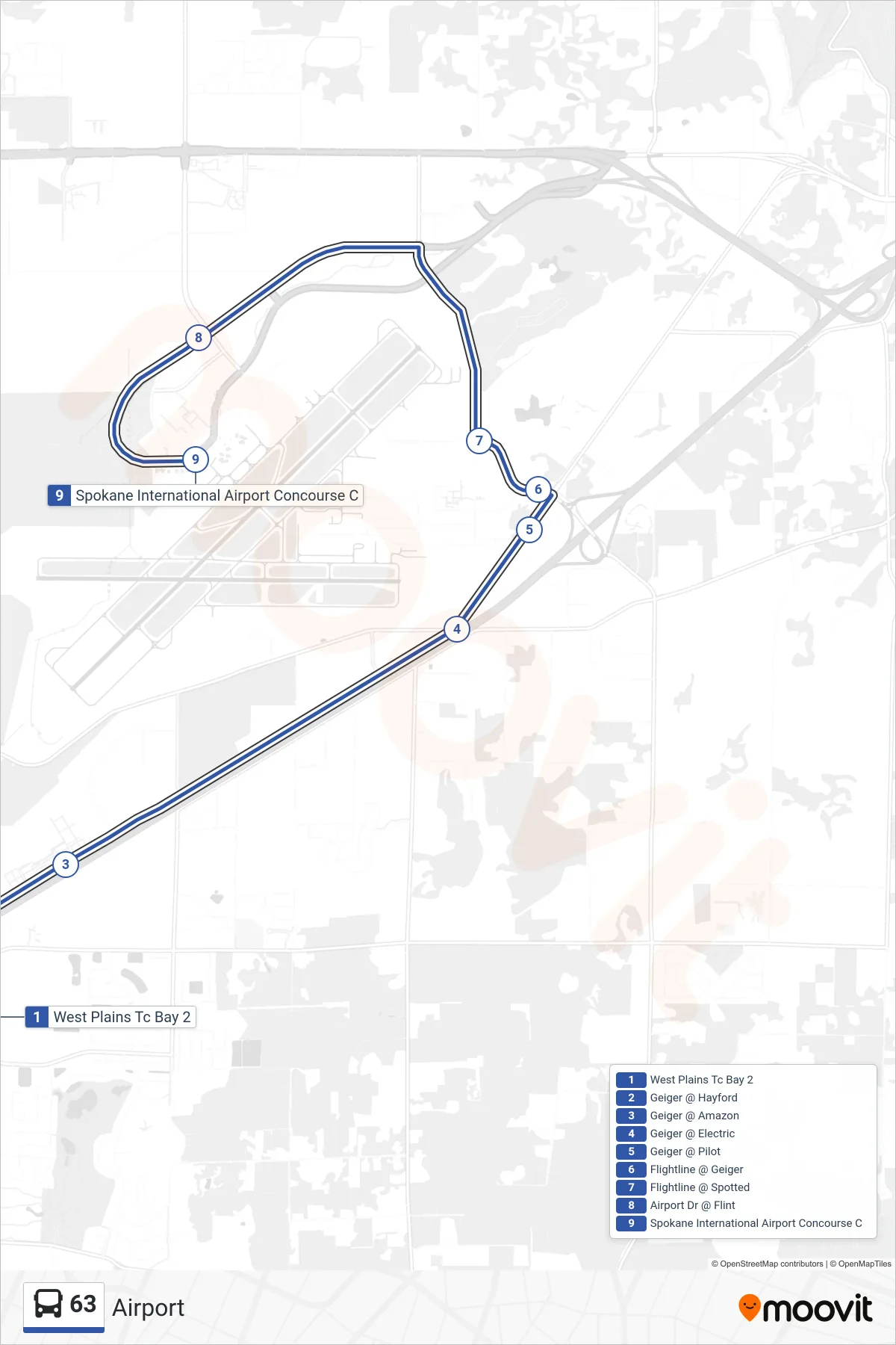 63 bus Line (Airport) route and stops on a map