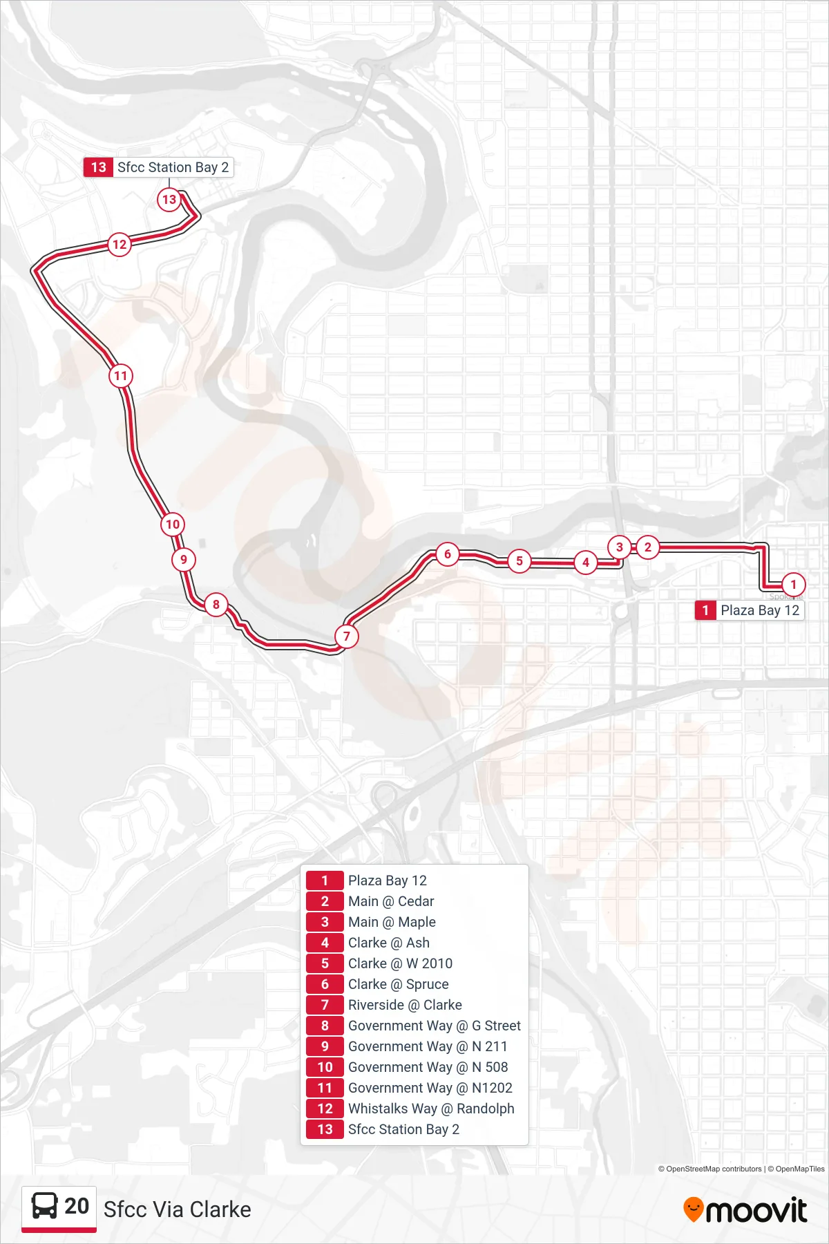 20 bus Line (Sfcc Via Clarke) route and stops on a map