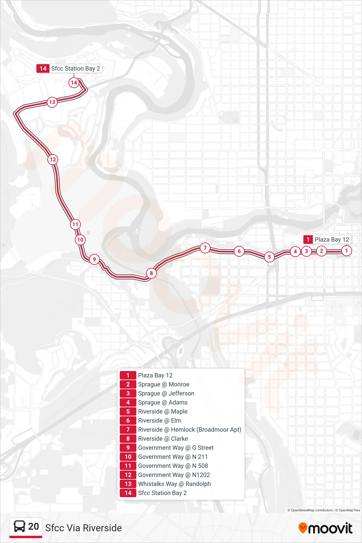 20 bus Line (Sfcc Via Riverside) route and stops on a map